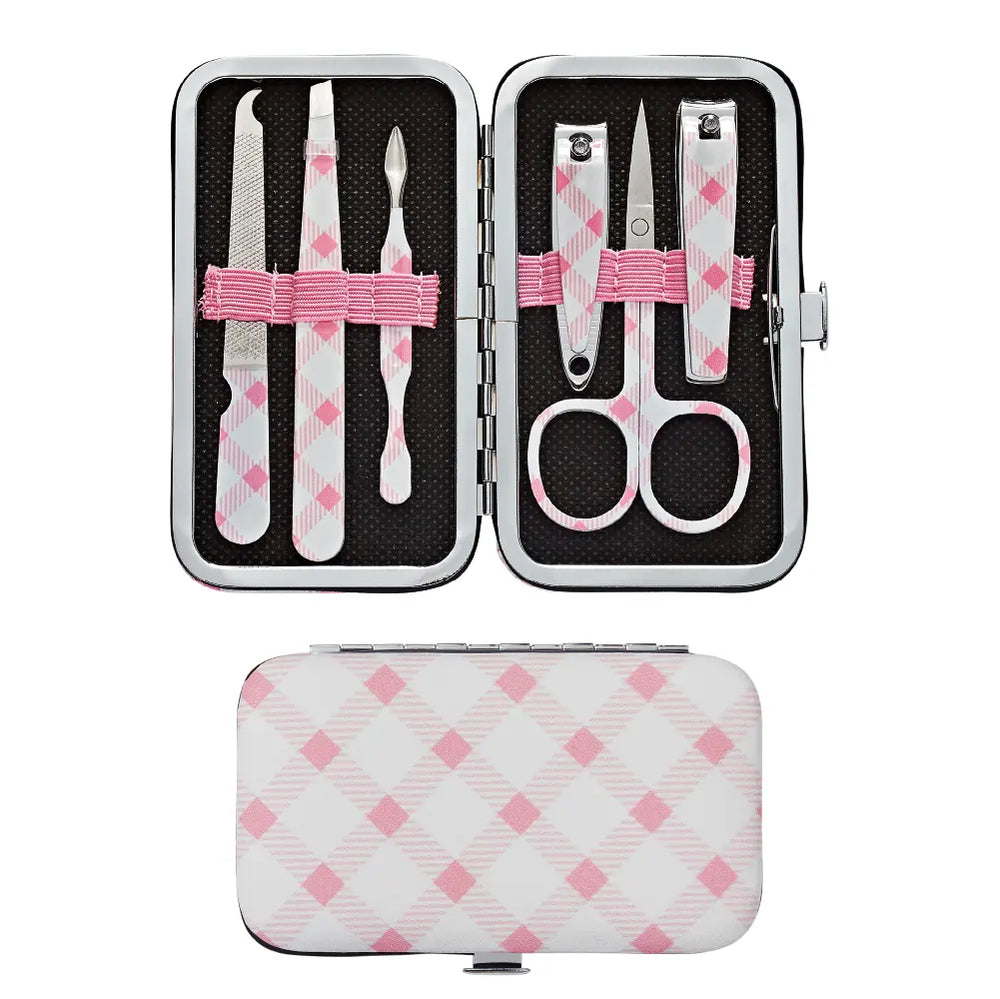 Printed All-in-One Manicure & Pedicure Grooming Kit with Travel Case (6 pcs)__Plaid
