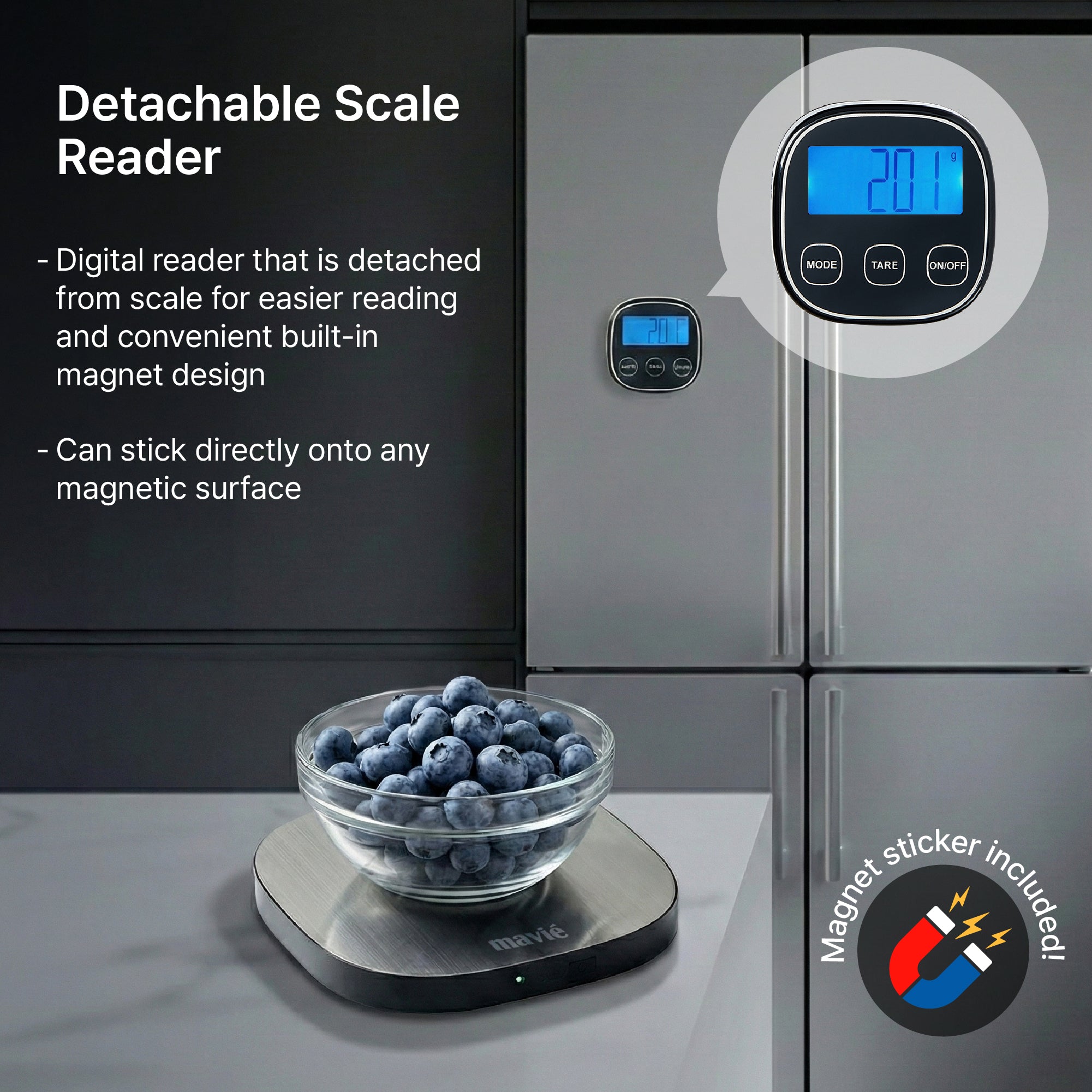 Wireless Digital Kitchen Scale with Detachable Magnetic Display – Stainless Steel Food Scale for Baking & Meal Prep