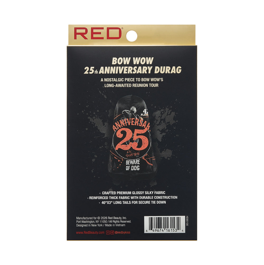 RED Premium Bow Wow 25th Anniversary Limited Edition Durag – Silky Smooth, Extra Long Tails (Black), package back.