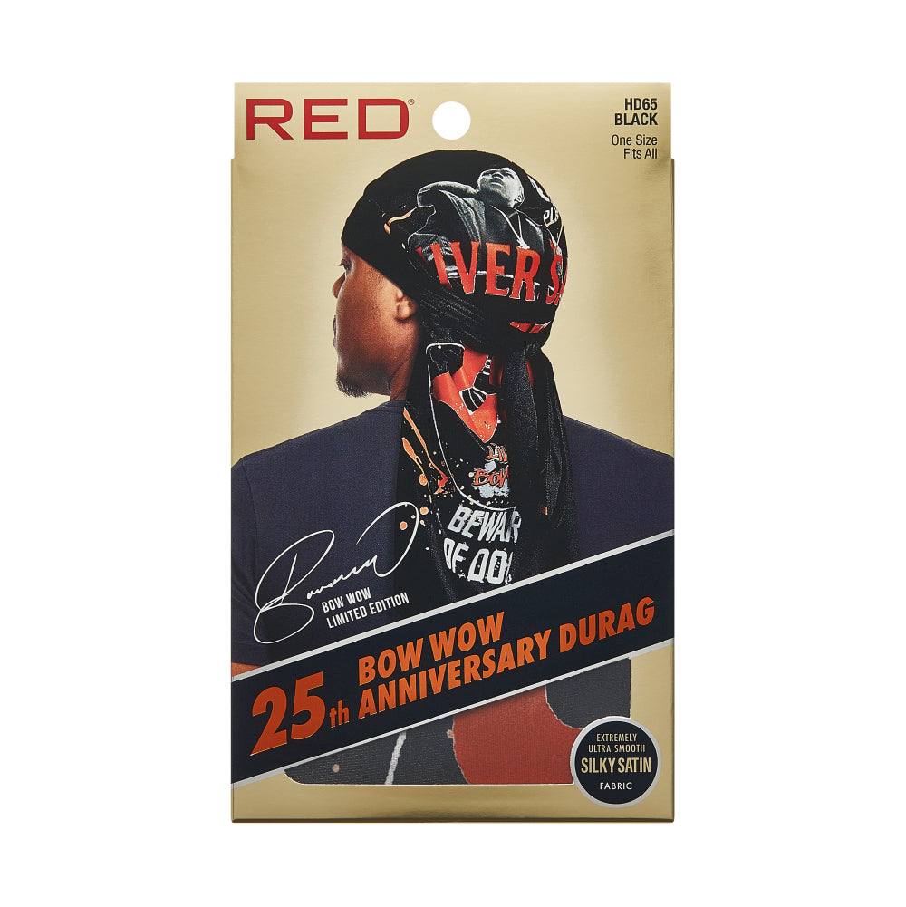 RED Premium Bow Wow 25th Anniversary Limited Edition Durag – Silky Smooth, Extra Long Tails (Black), package front.