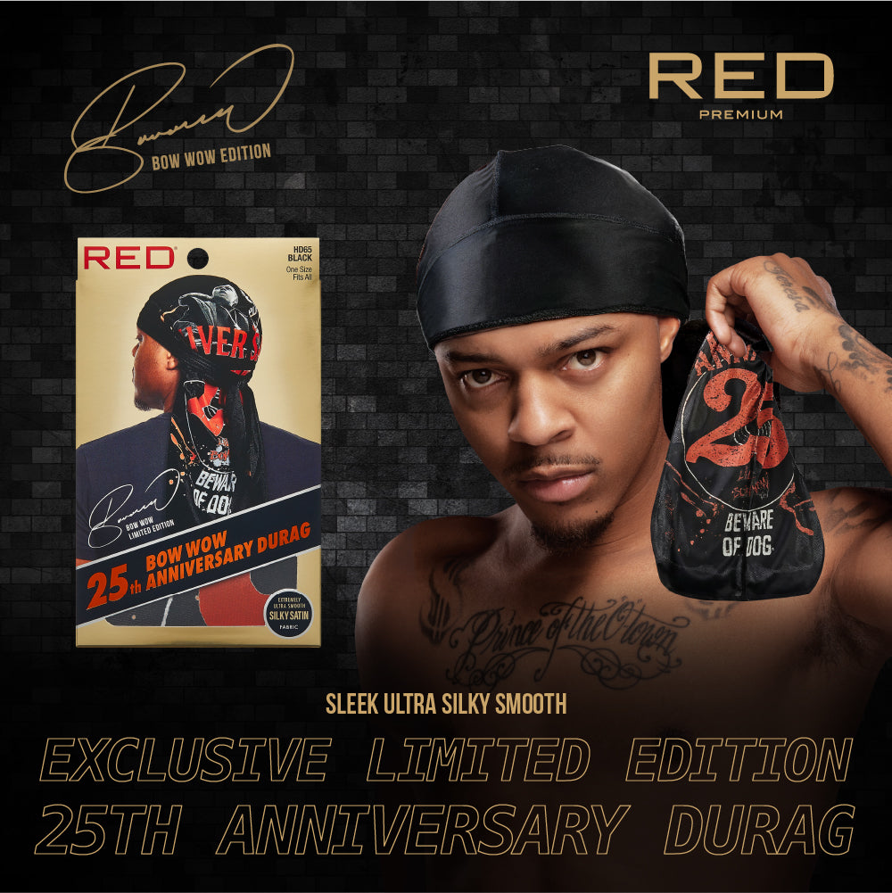RED Premium Bow Wow 25th Anniversary Limited Edition Durag – Silky Smooth, Extra Long Tails (Black) product view.
