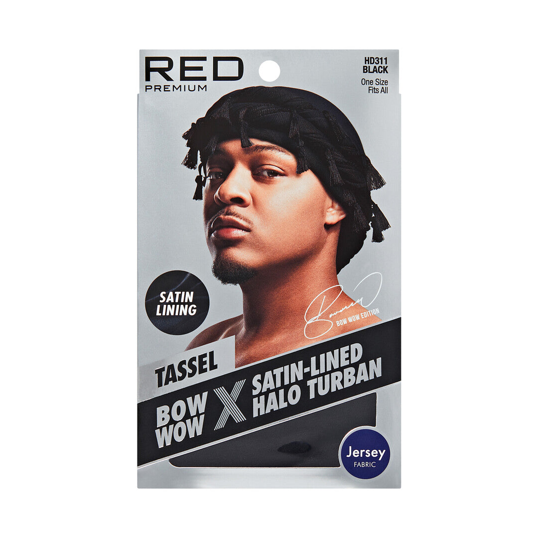 HD311_extra_006 "RED by KISS BOW WOW X Satin Lined Halo Tessel Turban Soft in Jersey / Black, package front."