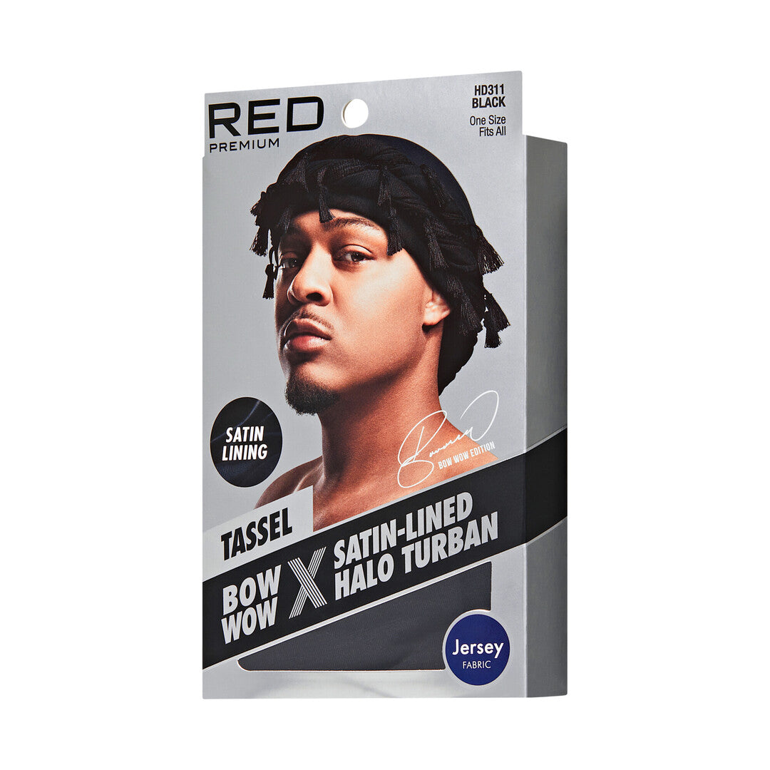 HD311_extra_007 "RED by KISS BOW WOW X Satin Lined Halo Tessel Turban Soft, side of package."