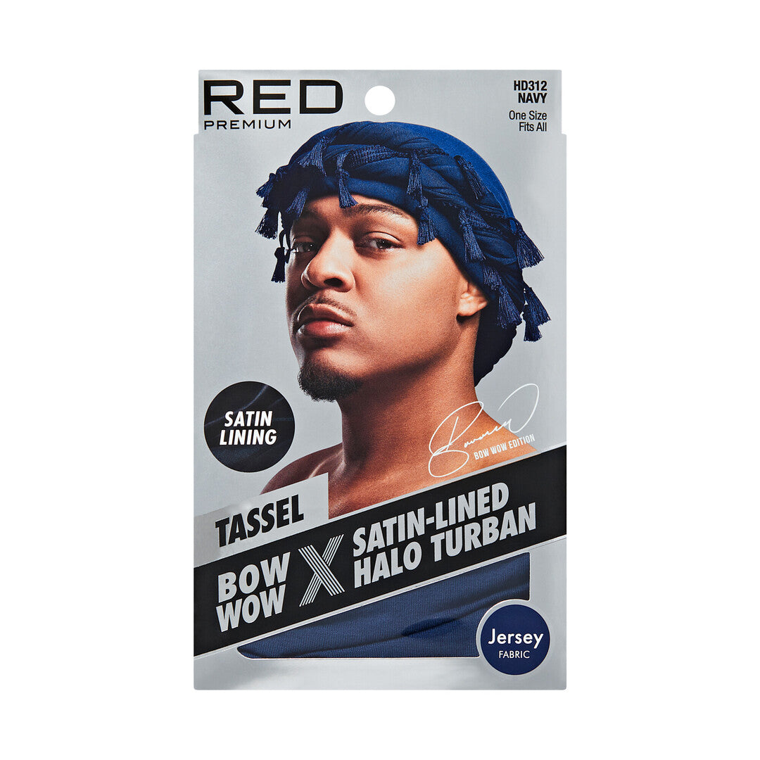 HD312_extra_006 "RED by KISS BOW WOW X Satin Lined Halo Tessel Turban Soft in Jersey / Navy, package front."
