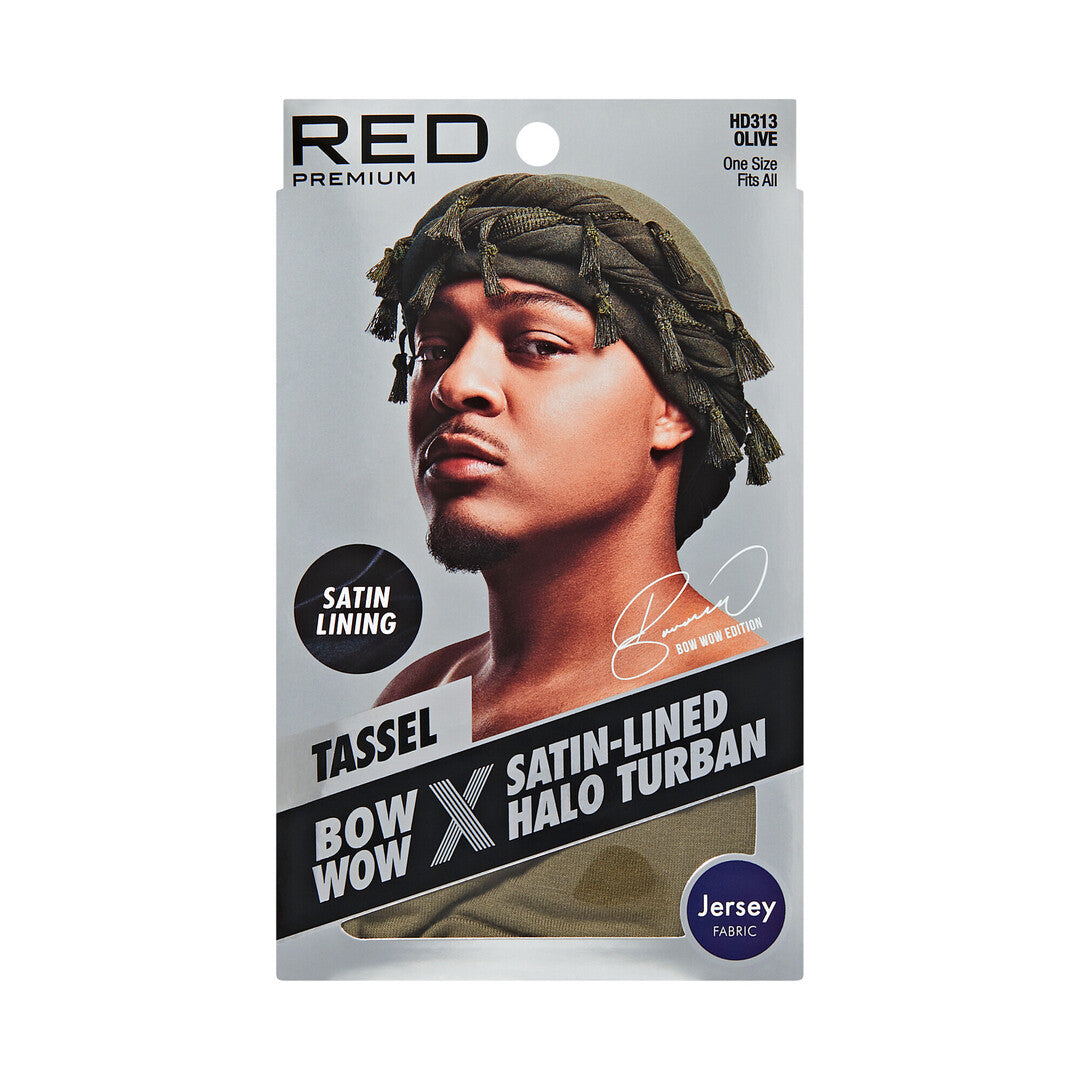 HD313_extra_006 "RED by KISS BOW WOW X Satin Lined Halo Tessel Turban Soft in Jersey / Olive, package front."