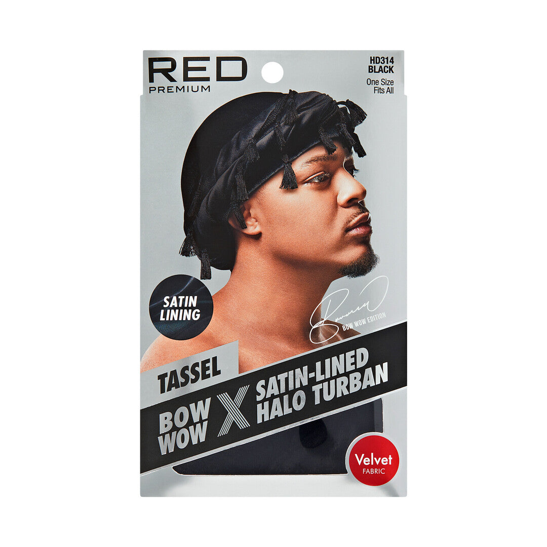 HD314_extra_006 "RED by KISS BOW WOW X Satin Lined Halo Tessel Turban Soft in Valvet / Black, package front."