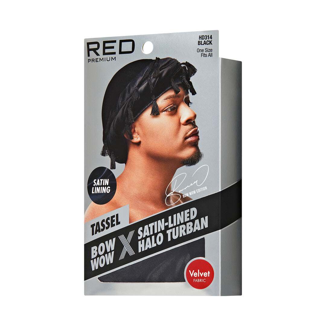 HD314_extra_007 "RED by KISS BOW WOW X Satin Lined Halo Tessel Turban Soft, side of package."