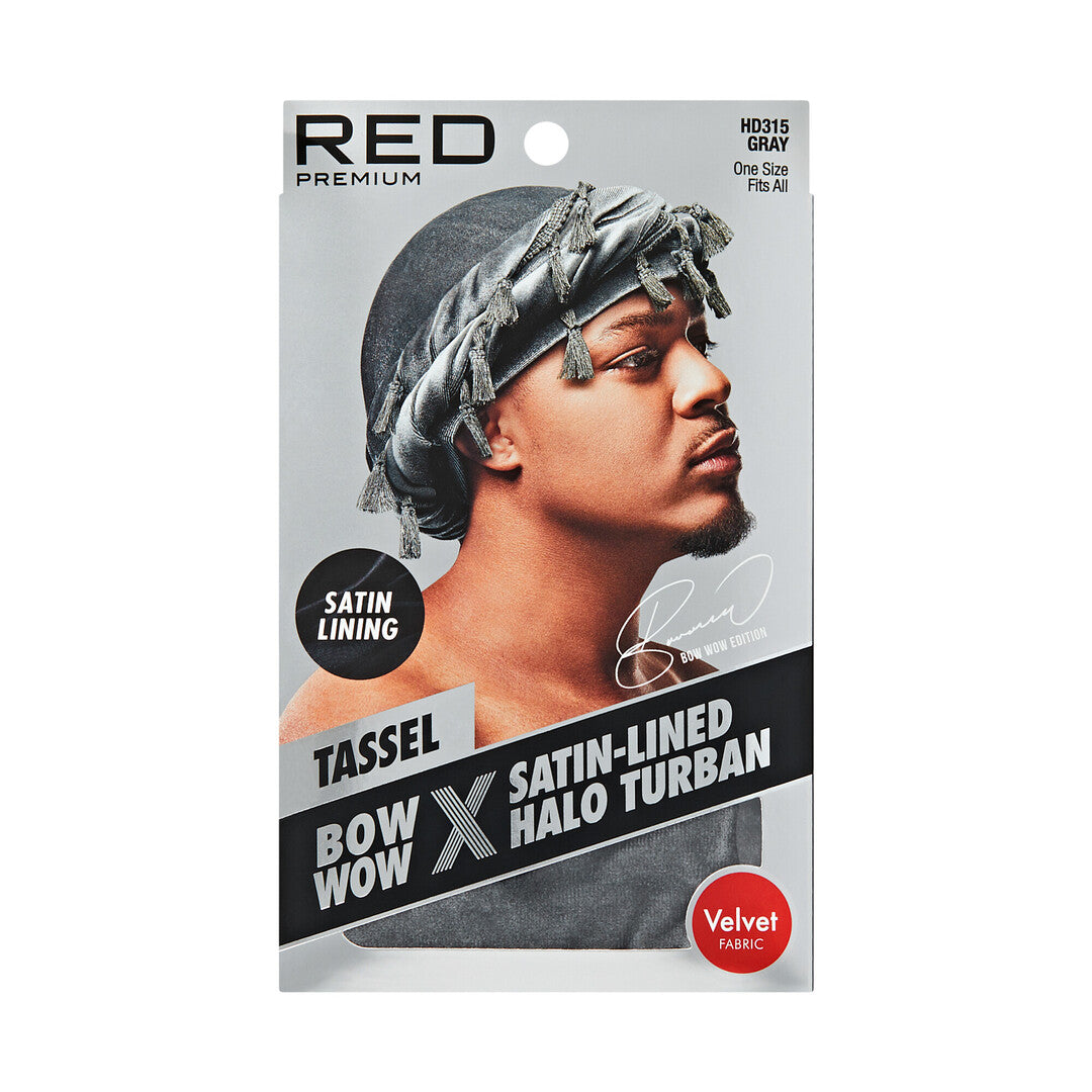 HD315_extra_006 "RED by KISS BOW WOW X Satin Lined Halo Tessel Turban Soft in Valvet / Gray, package front."