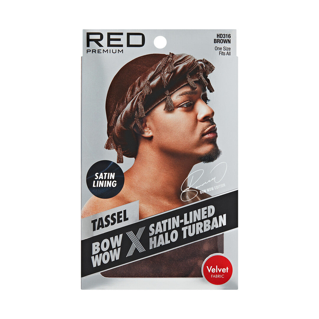 HD316_extra_006 "RED by KISS BOW WOW X Satin Lined Halo Tessel Turban Soft in Valvet / Brown, package front."