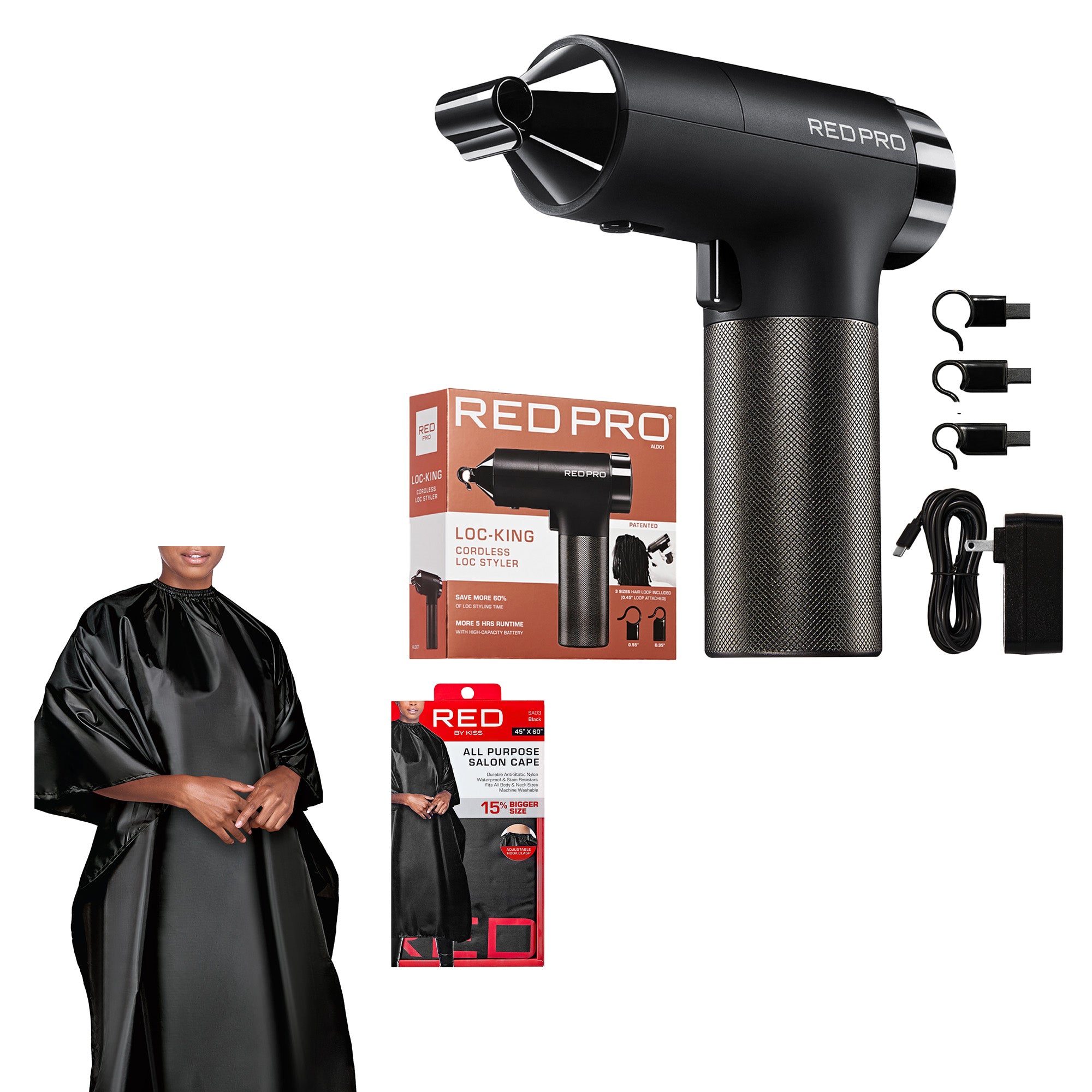 RED PRO LOC-KING Professional Bundle: Cordless Auto Loc Styler + Premium Salon Cape