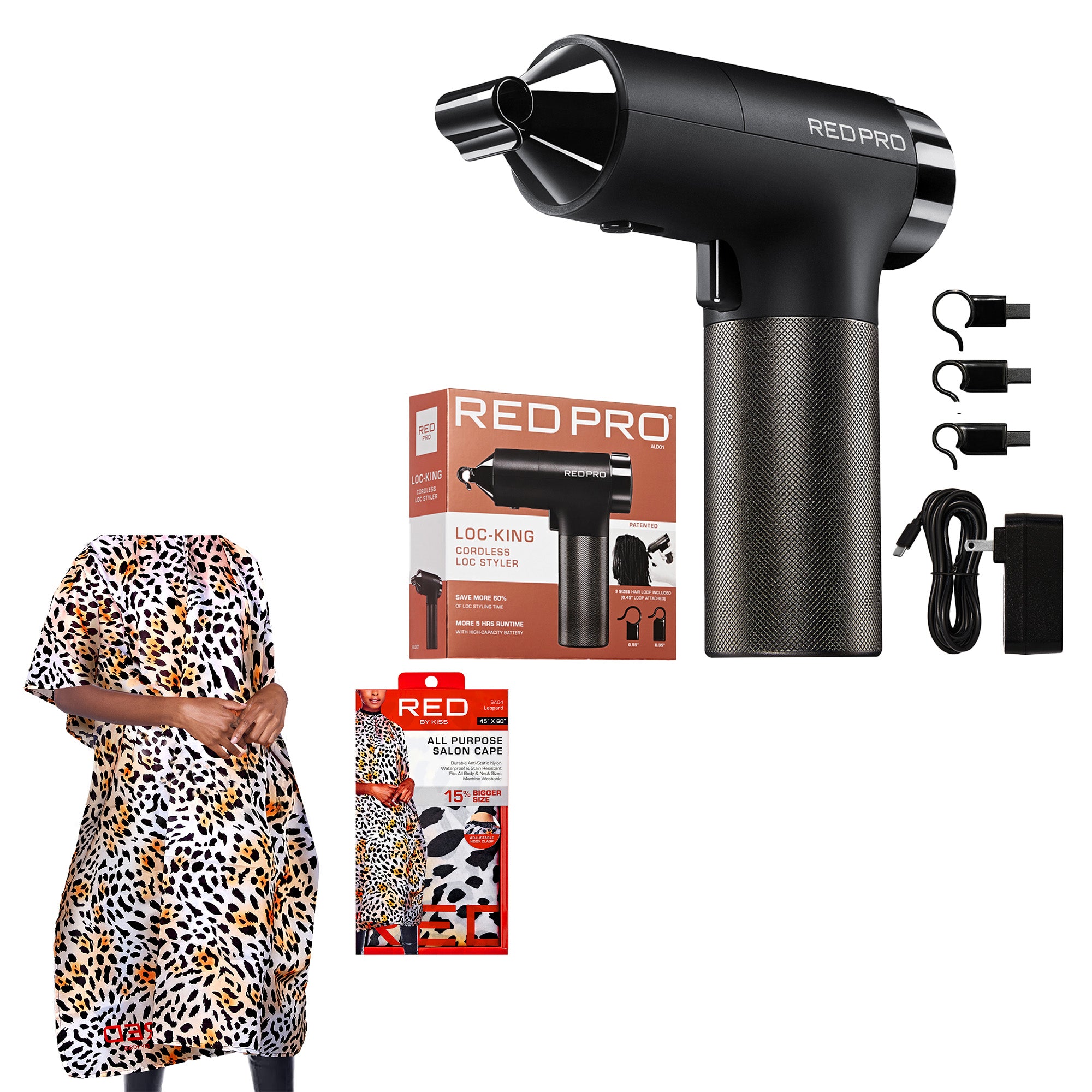 RED PRO LOC-KING Professional Bundle: Cordless Auto Loc Styler + Premium Salon Cape