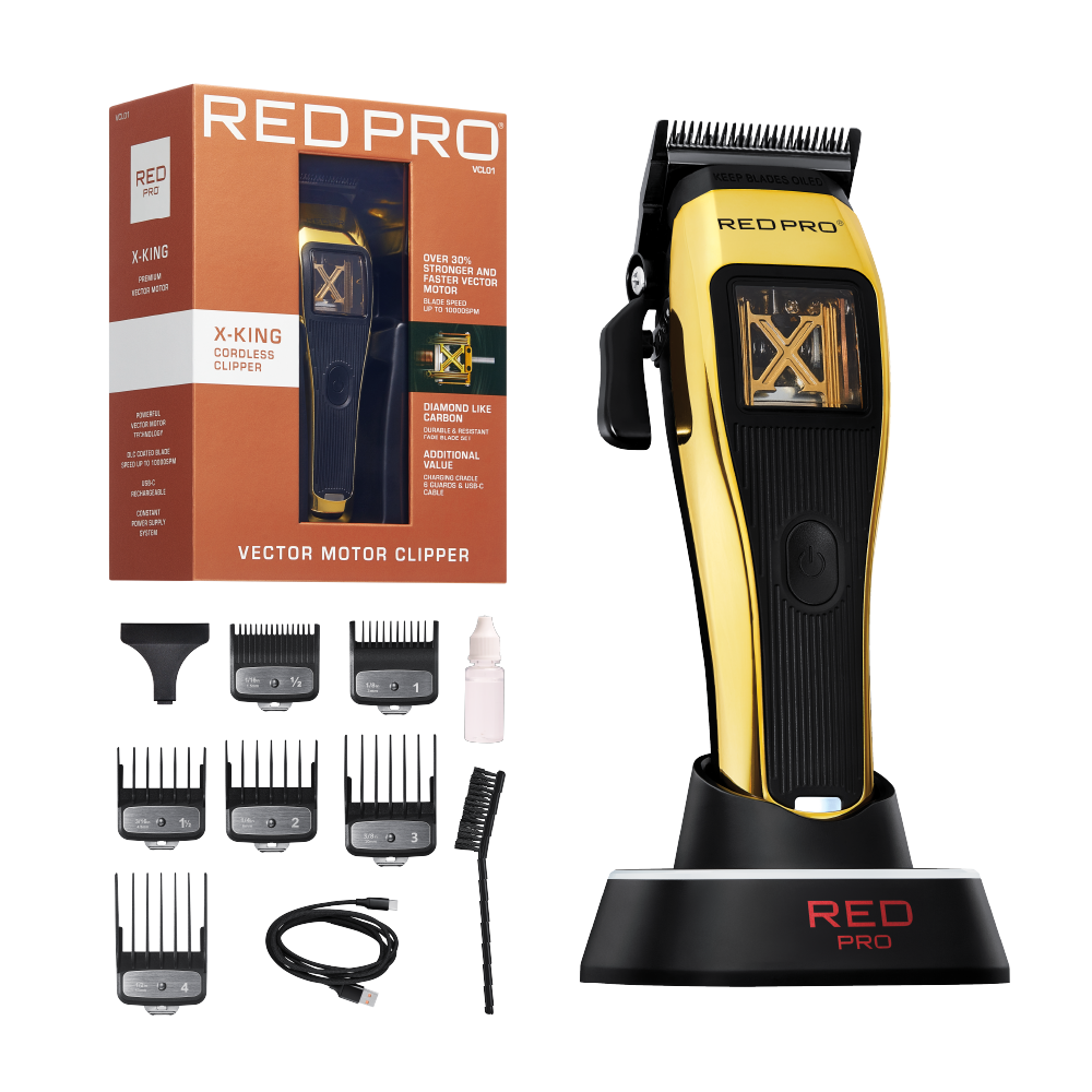 VCL01_main "A product packaging for the "Red Pro Vector Motor Clipper." The box is predominantly orange with a sleek design. It highlights key features of the clipper, including that it is "over 30% stronger and faster" due to its vector motor. The clipper is cordless and boasts a diamond-like carbon finish, which is described as durable and resistant to wear. The packaging also emphasizes the clipper's value and includes a visual of the product itself, showcasing its modern design."