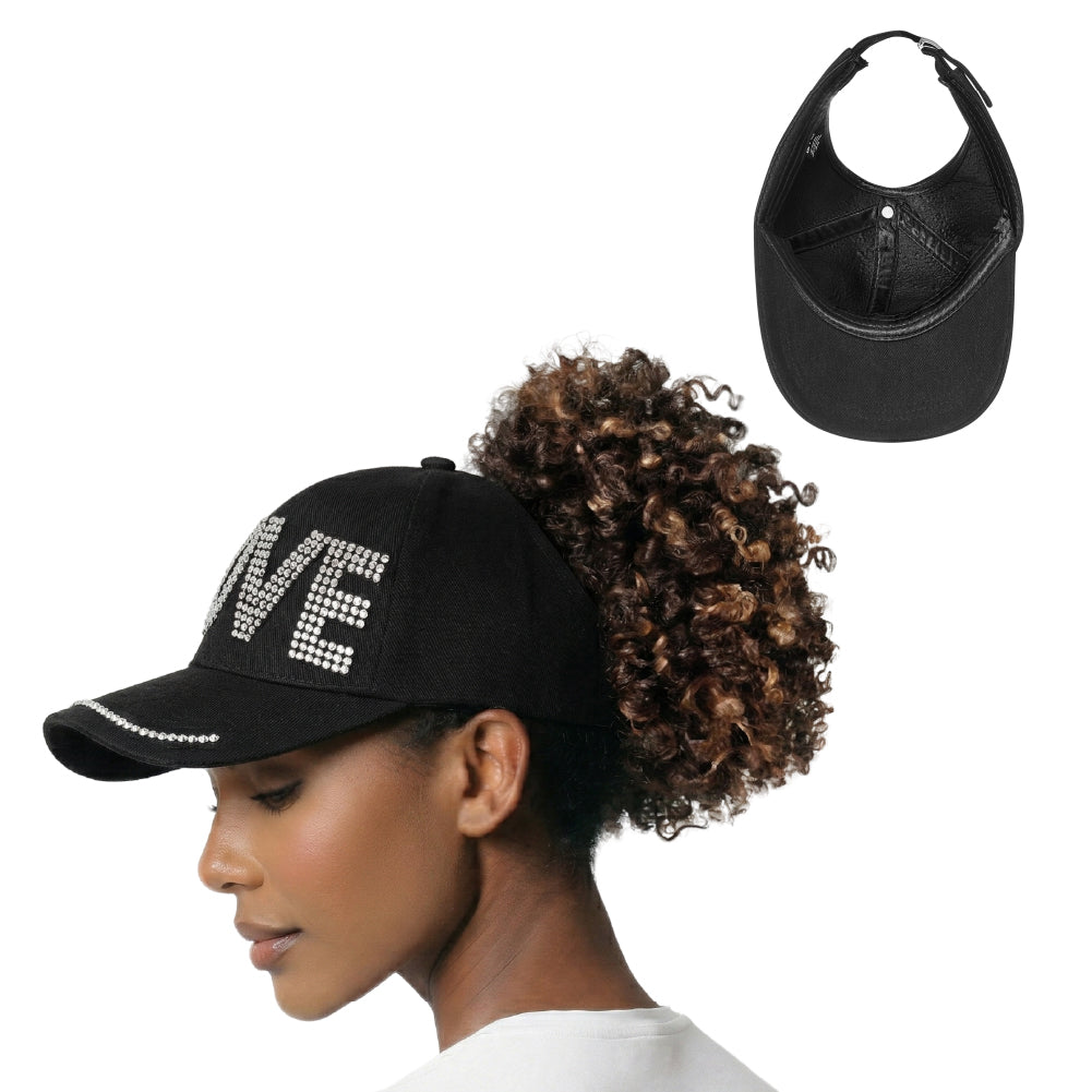 fh064_main "Arria Backless Baseball Cap - Satin Lined Ponytail Hat for Curly & Natural Hair - Adjustable Open Back Sun Hat for High Bun, Updos & Top Knots in Black Love, package back, main product view."