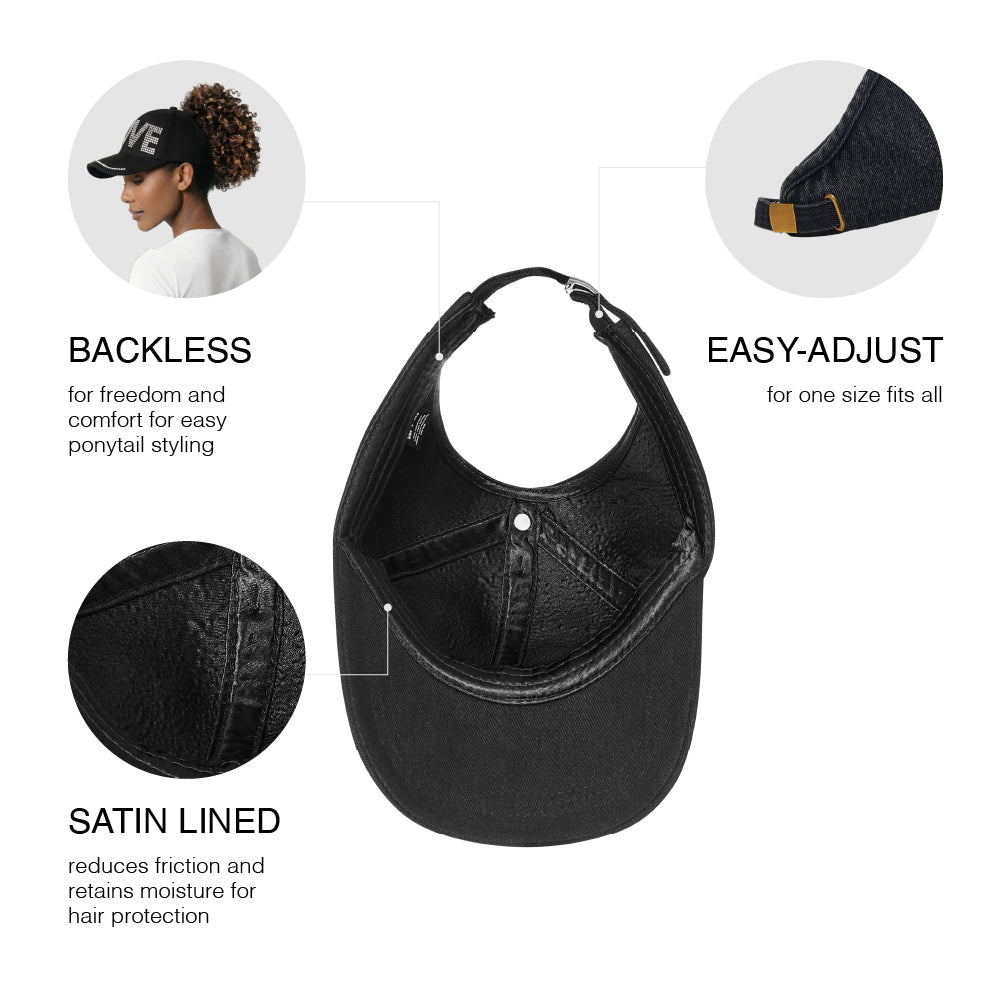 fh064_extra_001 "Arria Backless Baseball Cap - Satin Lined Ponytail Hat for Curly & Natural Hair - Adjustable Open Back Sun Hat for High Bun, Updos & Top Knots, package back."