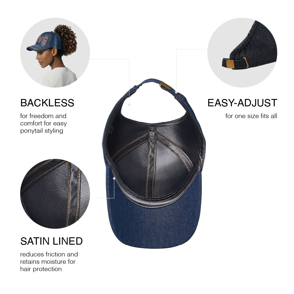 fh065_extra_001 "Arria Backless Baseball Cap - Satin Lined Ponytail Hat for Curly & Natural Hair - Adjustable Open Back Sun Hat for High Bun, Updos & Top Knots, package back."