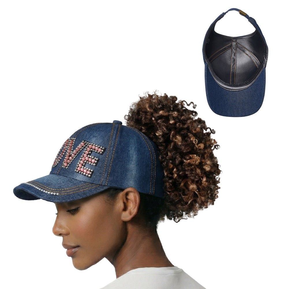 fh065_main "Arria Backless Baseball Cap - Satin Lined Ponytail Hat for Curly & Natural Hair - Adjustable Open Back Sun Hat for High Bun, Updos & Top Knots in Pink Love, package back, main product view."