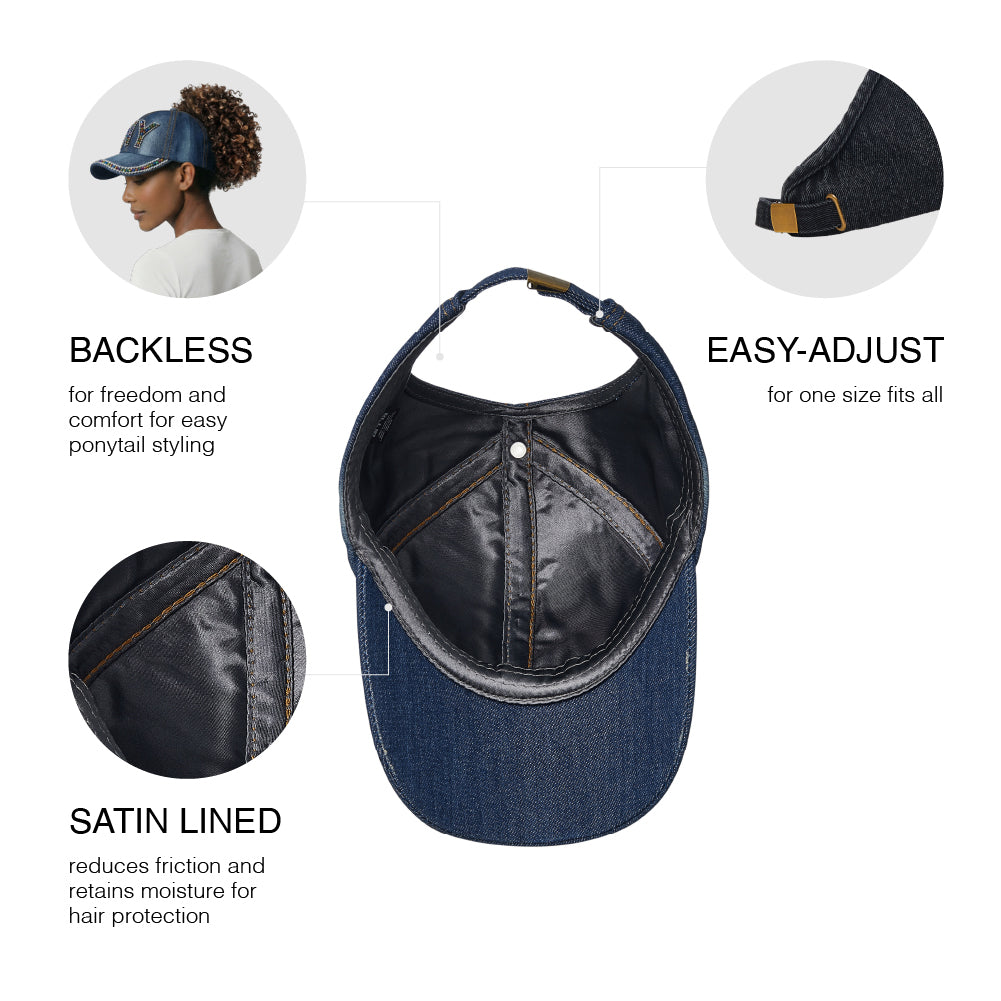 fh066_extra_001 "Arria Backless Baseball Cap - Satin Lined Ponytail Hat for Curly & Natural Hair - Adjustable Open Back Sun Hat for High Bun, Updos & Top Knots, package back."
