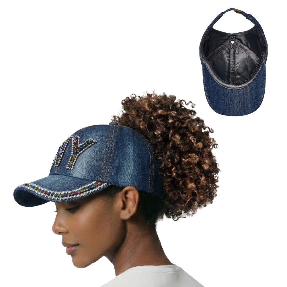 fh066_main "Arria Backless Baseball Cap - Satin Lined Ponytail Hat for Curly & Natural Hair - Adjustable Open Back Sun Hat for High Bun, Updos & Top Knots in NY, package back, main product view."