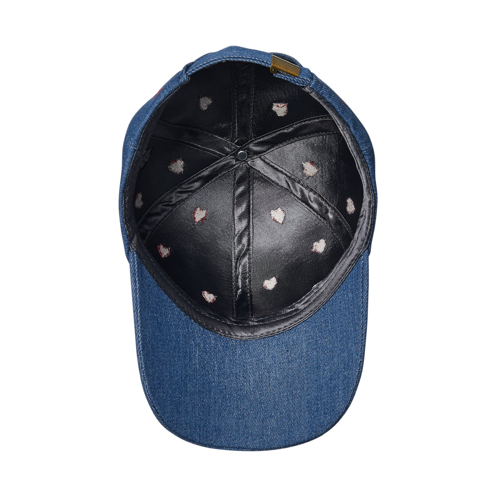 Arria Backless Baseball Cap with Satin Lining - Denim Heart Embroidered Hat for Curls, Ponytails & All Hair Types, package back.