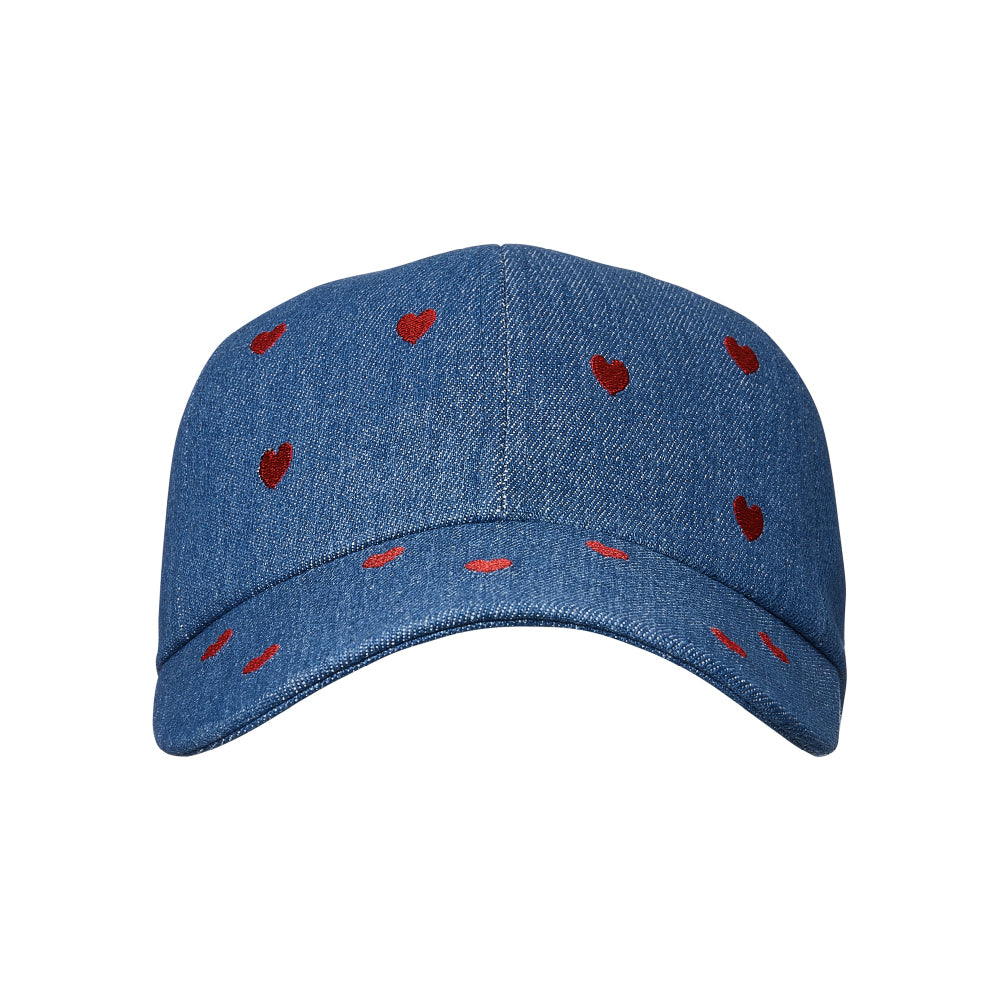 Arria Backless Baseball Cap with Satin Lining - Denim Heart Embroidered Hat for Curls, Ponytails & All Hair Types, package back.