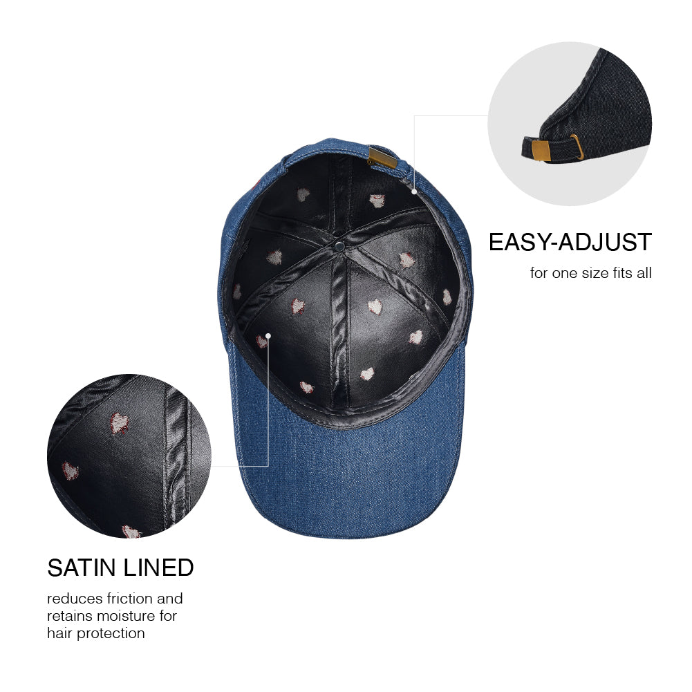 Arria Backless Baseball Cap with Satin Lining - Denim Heart Embroidered Hat for Curls, Ponytails & All Hair Types, package back.