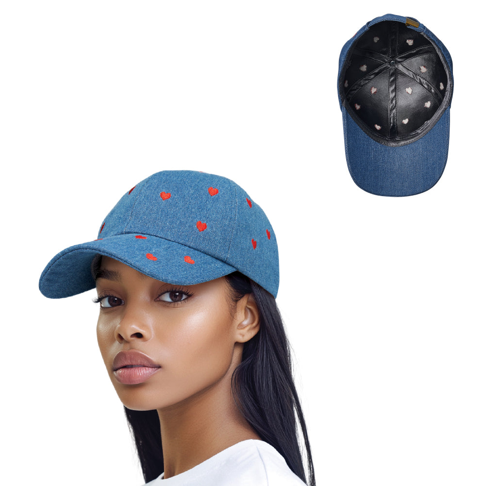 Arria Backless Baseball Cap with Satin Lining - Denim Heart Embroidered Hat for Curls, Ponytails & All Hair Types, package back, main product view.