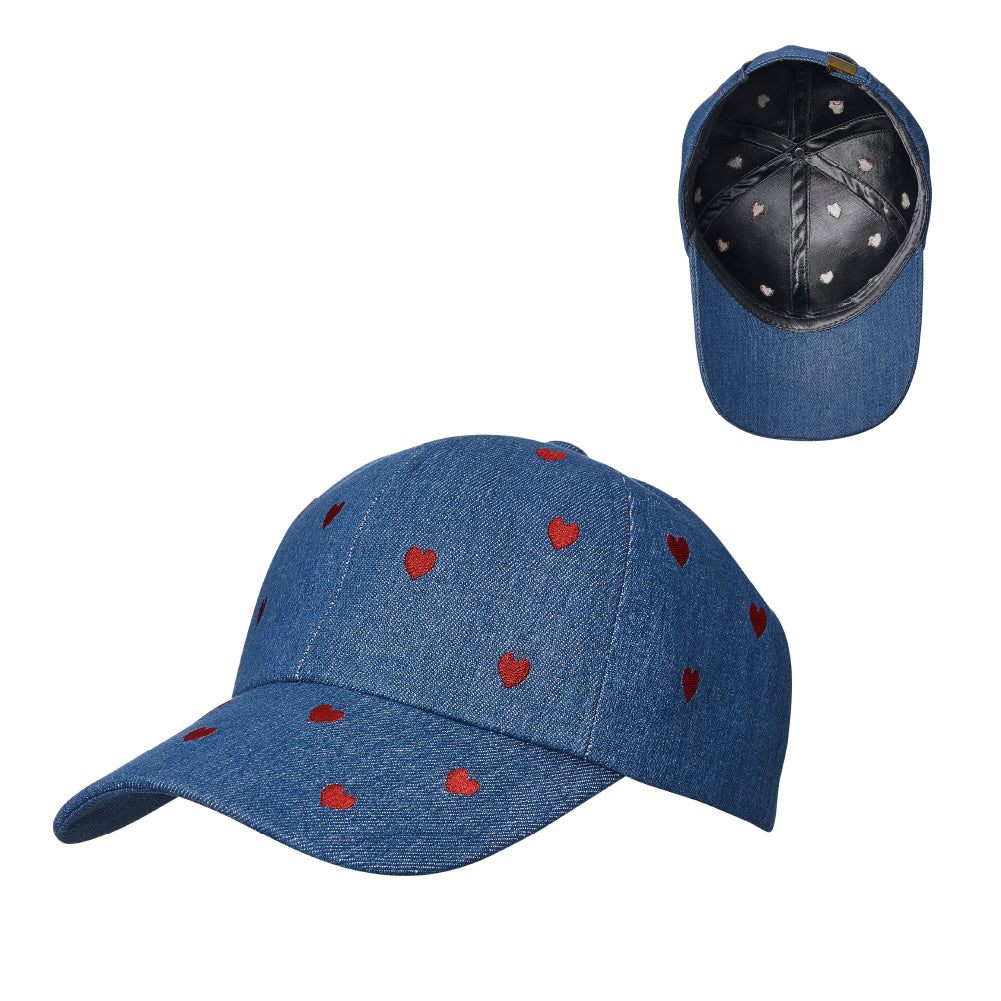 Arria Backless Baseball Cap with Satin Lining - Denim Heart Embroidered Hat for Curls, Ponytails & All Hair Types, package back.