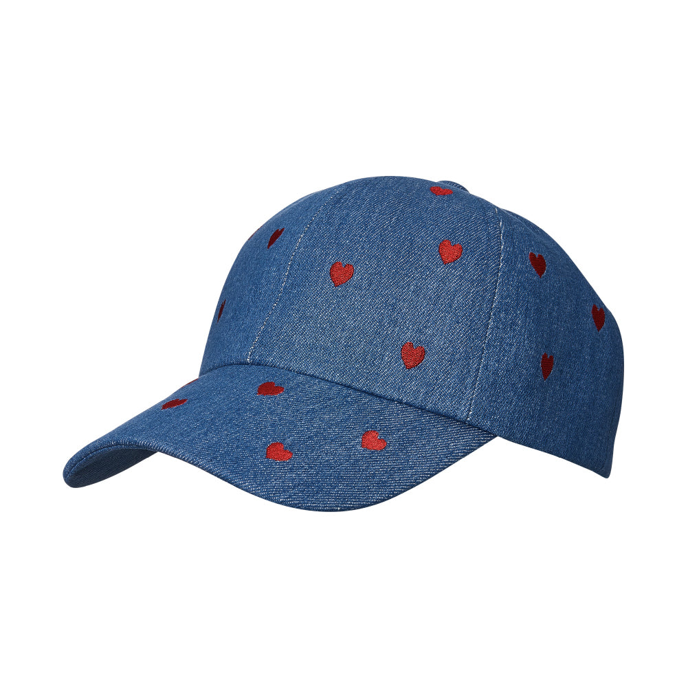 Arria Backless Baseball Cap with Satin Lining - Denim Heart Embroidered Hat for Curls, Ponytails & All Hair Types, package back.