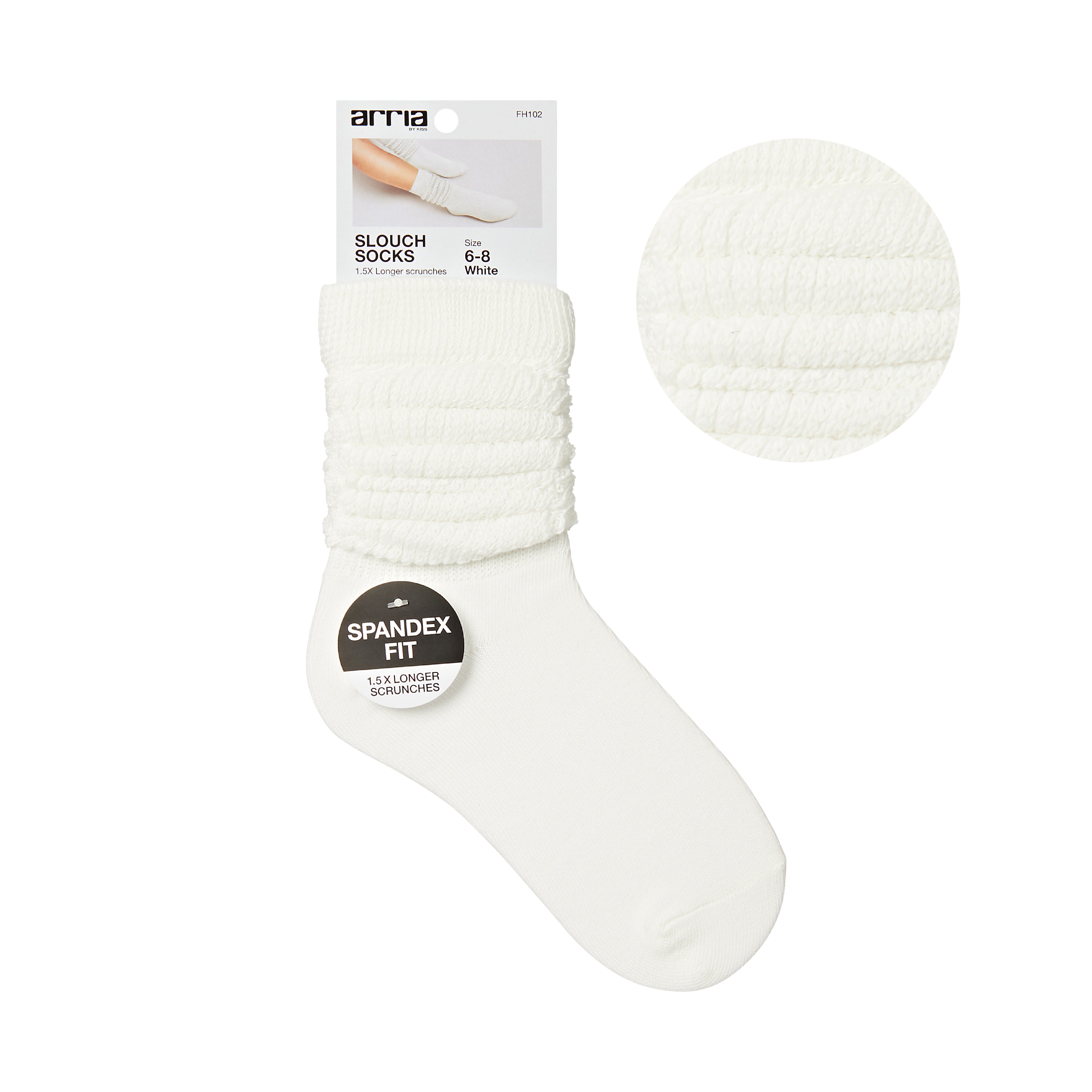 fh102_main "ARRIA Extra Long Soft Cotton Trendy Slouch Socks – Classic Everyday Neutrals, 80s Retro Heavy Scrunch in White / 6-8, main product view."
