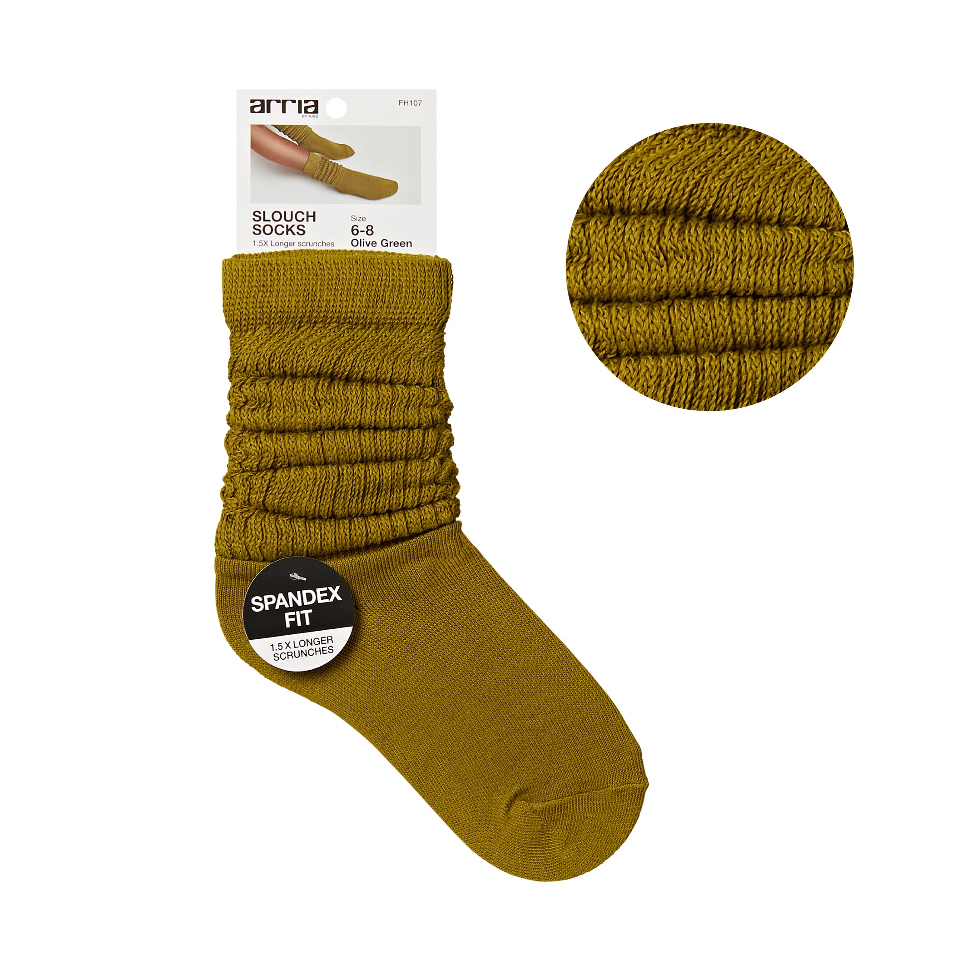 fh107_main "ARRIA Extra Long Soft Cotton Trendy Slouch Socks – Classic Everyday Neutrals, 80s Retro Heavy Scrunch in Olive Green / 6-8, main product view."