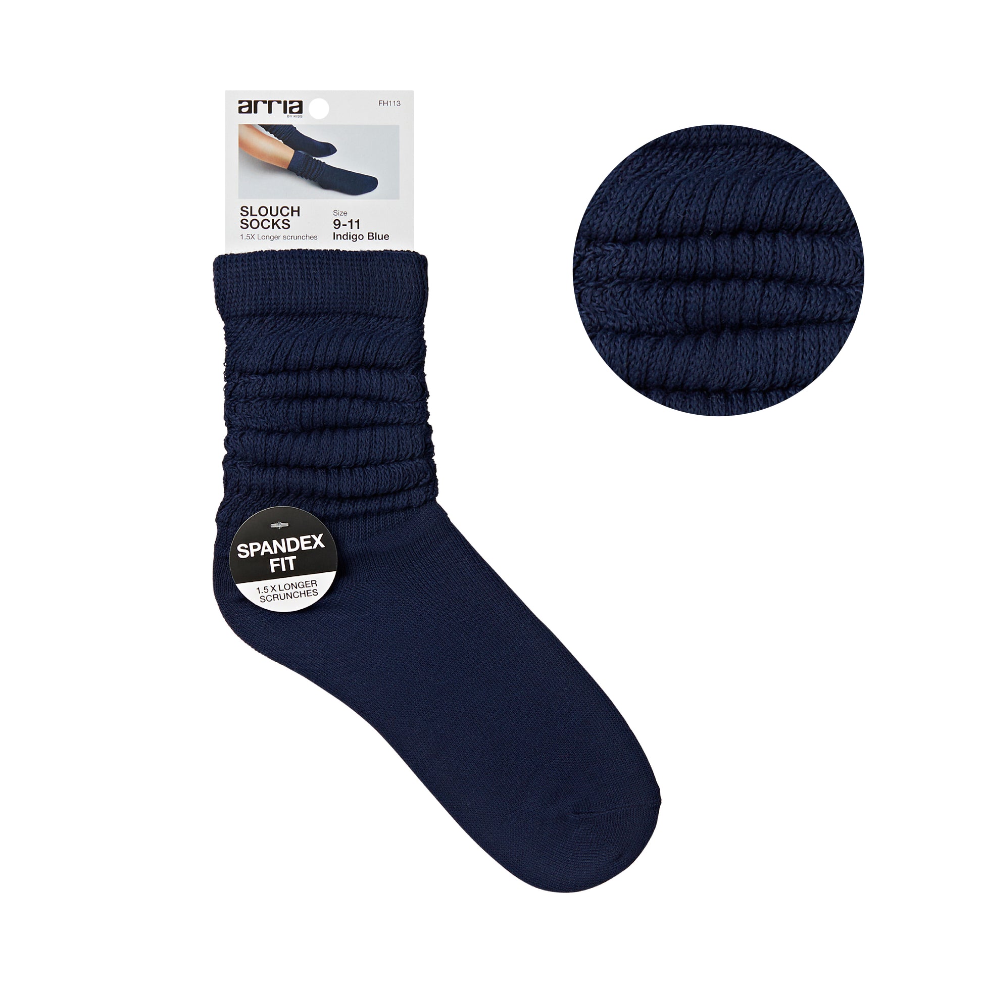 fh113_main "ARRIA Extra Long Soft Cotton Trendy Slouch Socks – Classic Everyday Neutrals, 80s Retro Heavy Scrunch in Indigo Blue / 9-11, main product view."