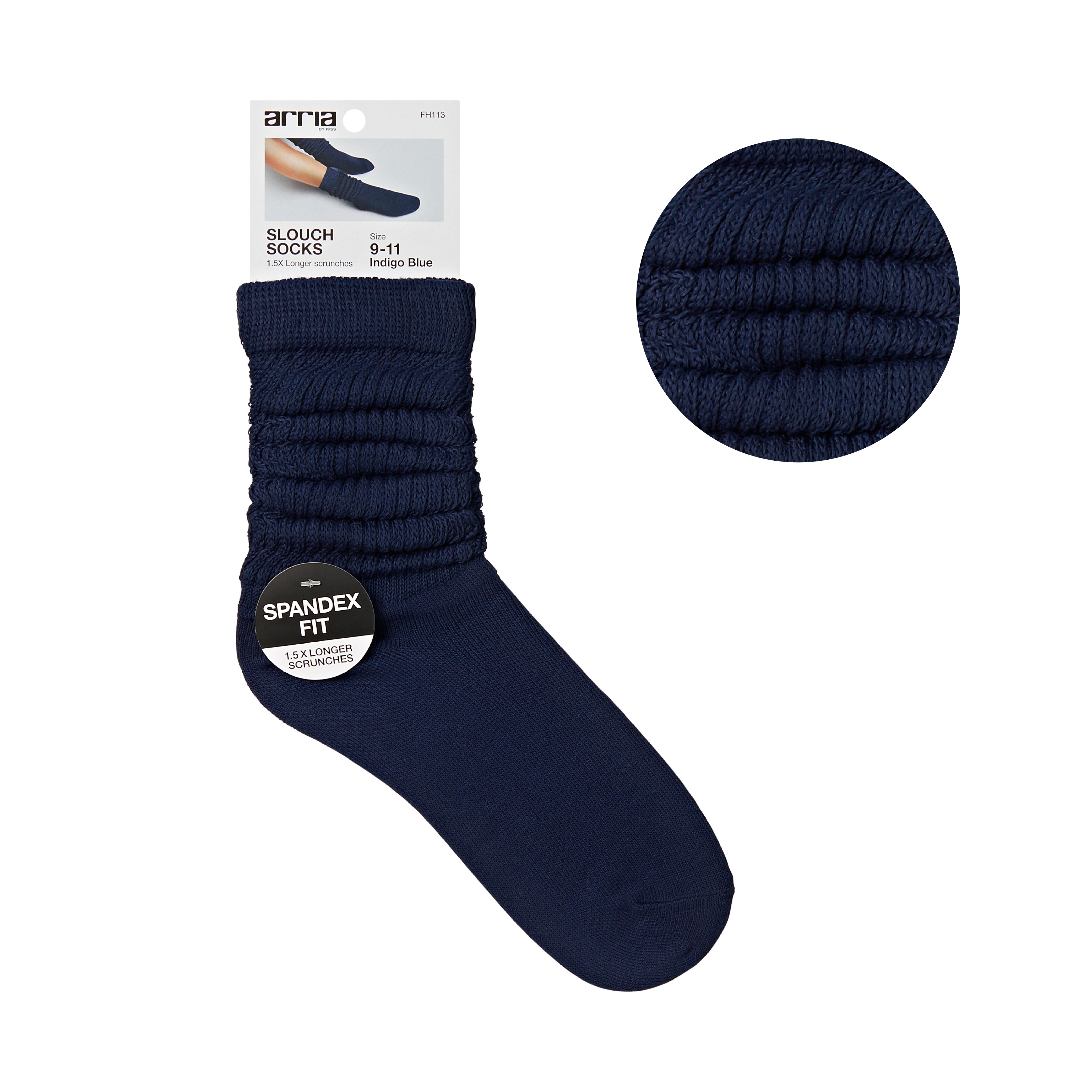 fh113_main "ARRIA Extra Long Soft Cotton Trendy Slouch Socks – Classic Everyday Neutrals, 80s Retro Heavy Scrunch in Indigo Blue / 9-11, main product view."