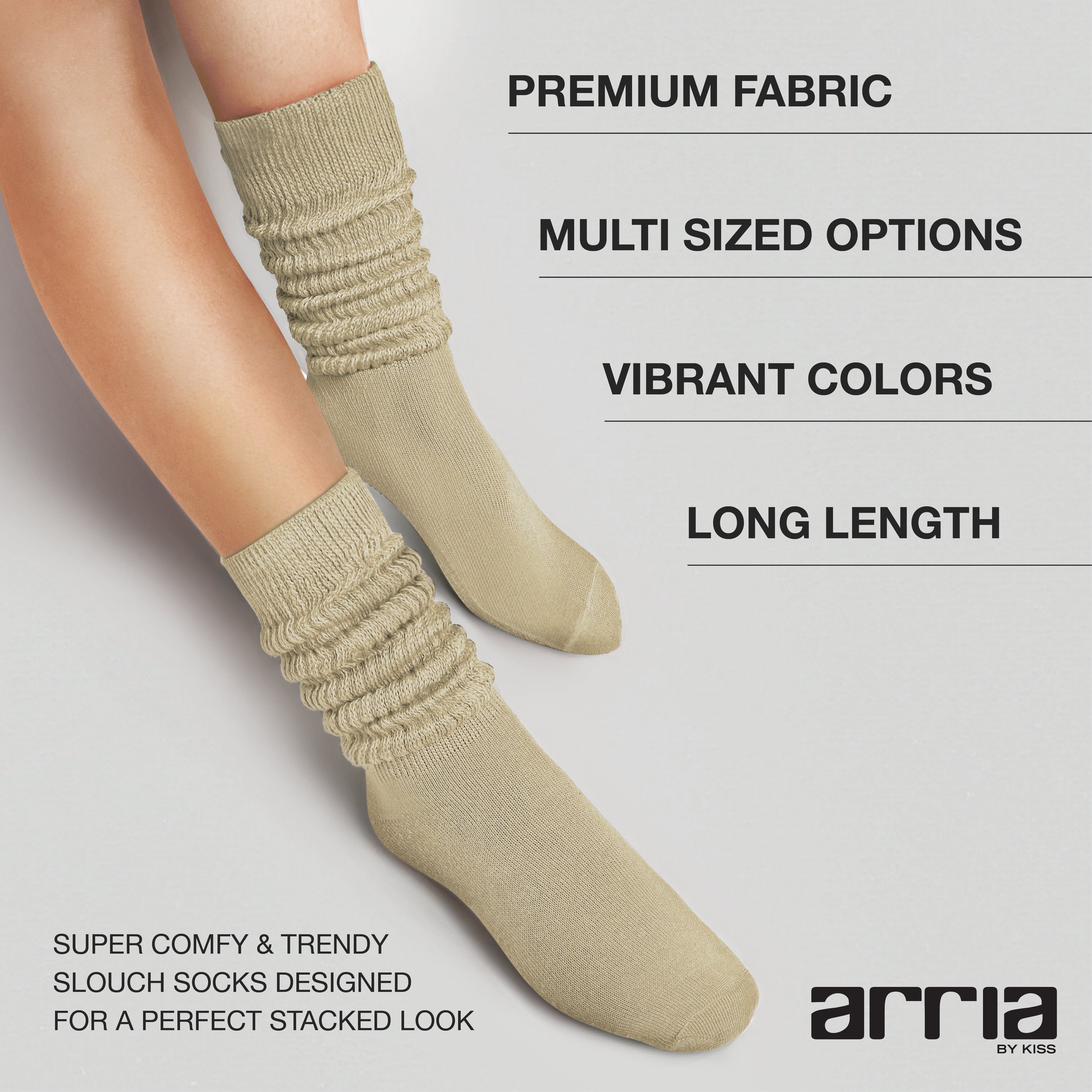 fh114_extra_001 "ARRIA Extra Long Soft Cotton Trendy Slouch Socks – Classic Everyday Neutrals, 80s Retro Heavy Scrunch product view."