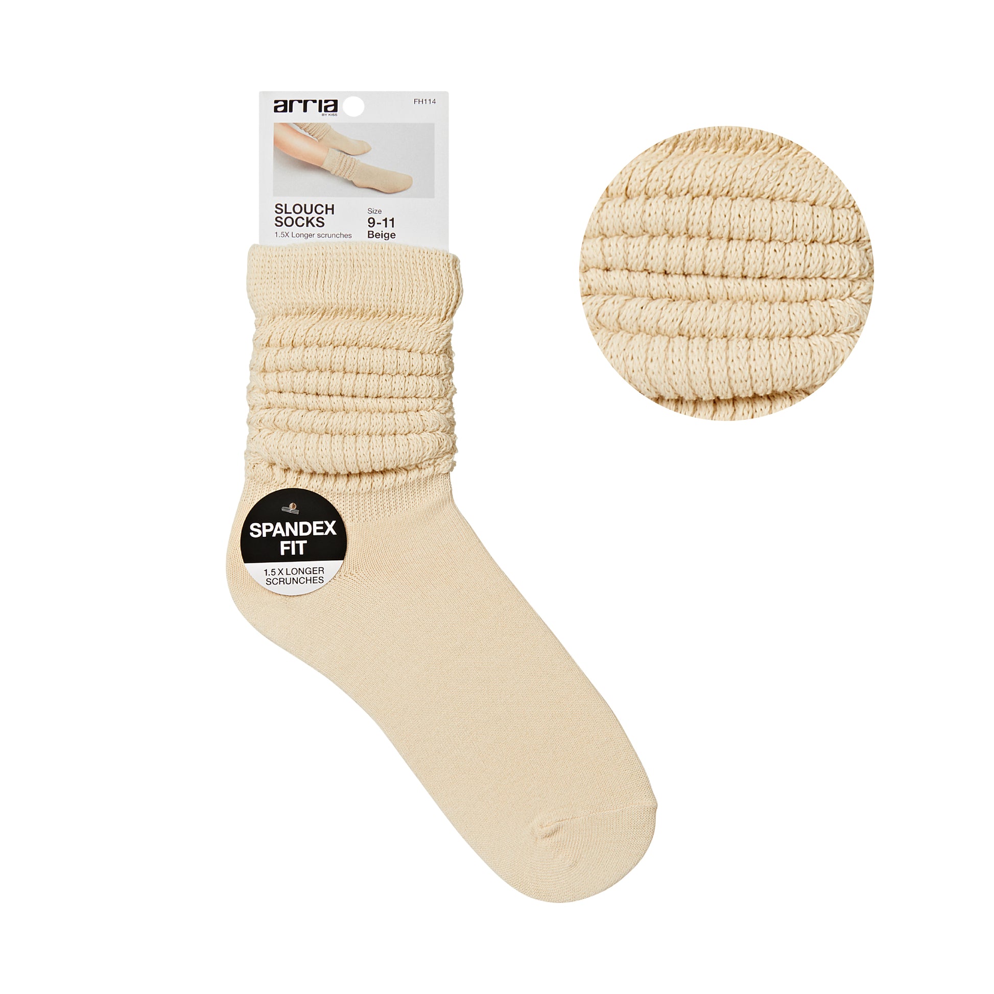 fh114_main "ARRIA Extra Long Soft Cotton Trendy Slouch Socks – Classic Everyday Neutrals, 80s Retro Heavy Scrunch in Beige / 9-11, main product view."