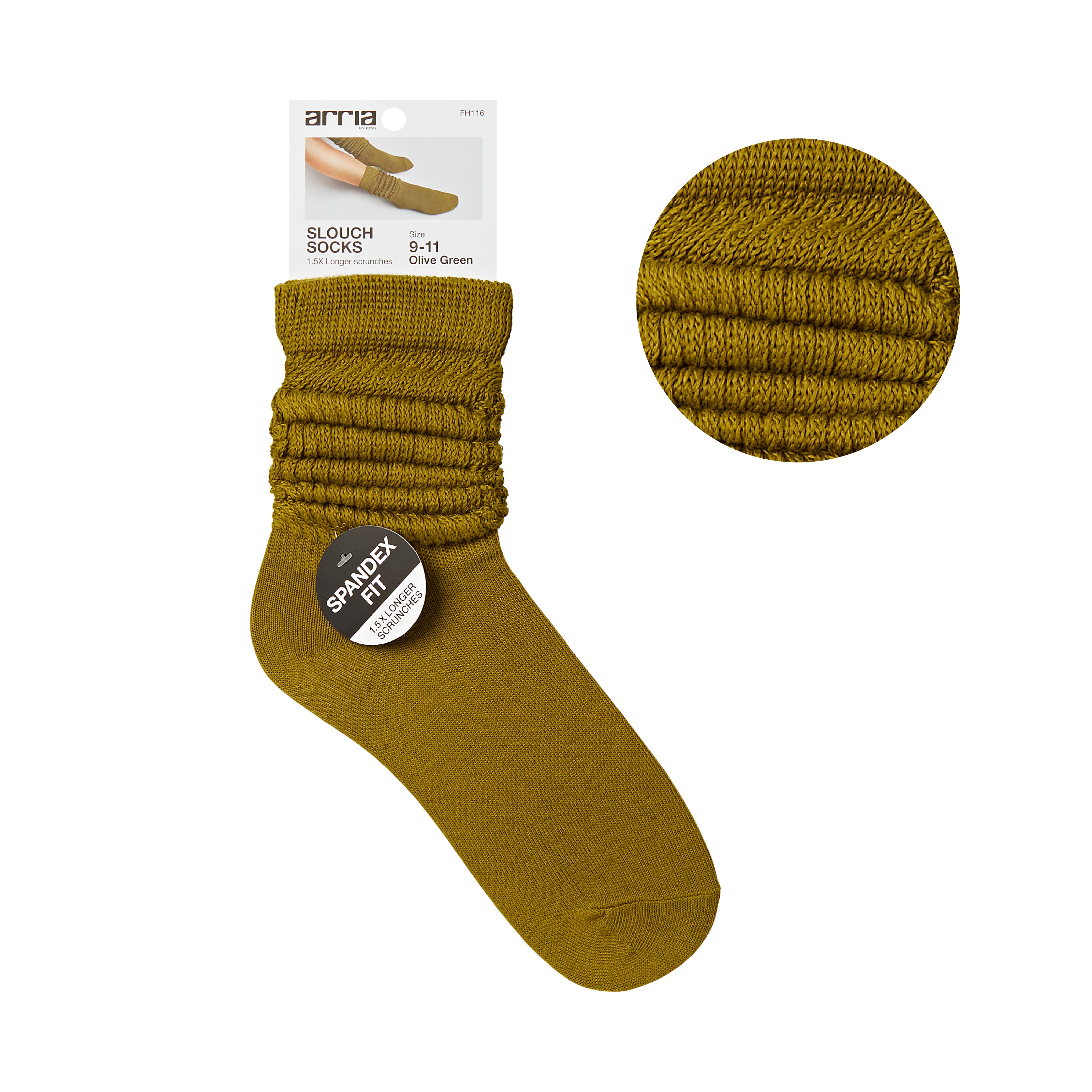 fh116_main "ARRIA Extra Long Soft Cotton Trendy Slouch Socks – Classic Everyday Neutrals, 80s Retro Heavy Scrunch in Olive Green / 9-11, main product view."