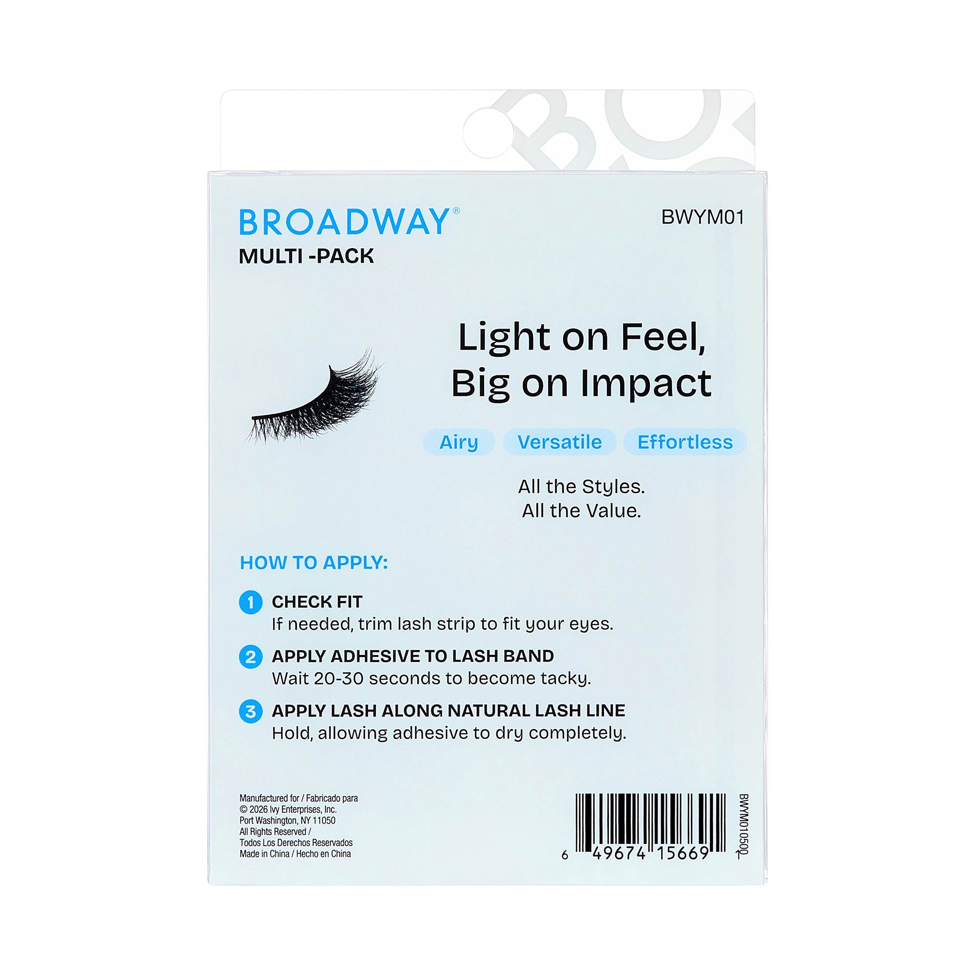BWYM01_extra_0010 "Broadway False Lashes Multipack - Faux Mink Wispy Volume Strip Eyelashes, package back."
