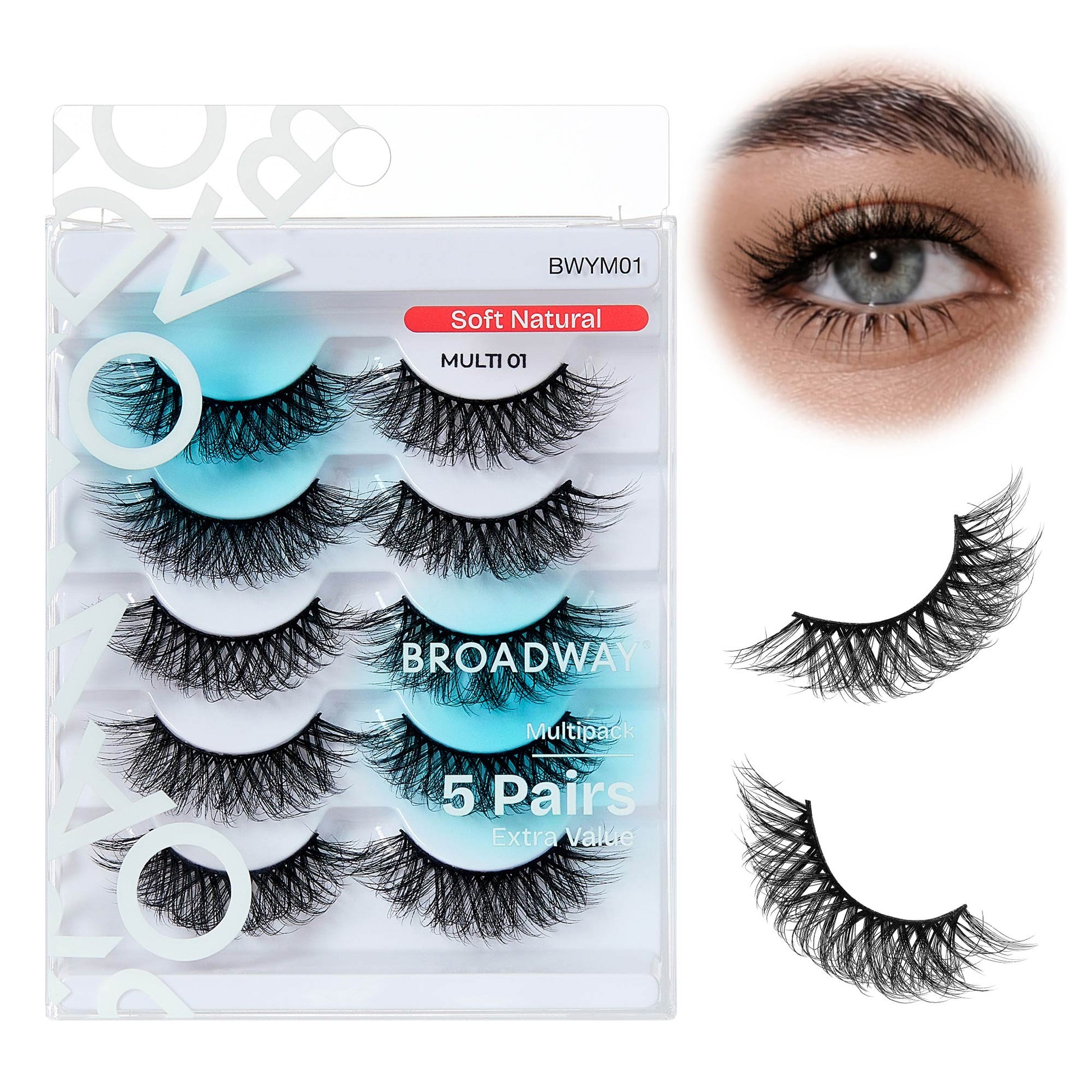 BWYM01_main "Broadway False Lashes Multipack - Faux Mink Wispy Volume Strip Eyelashes in Soft Natural / #01, main product view."