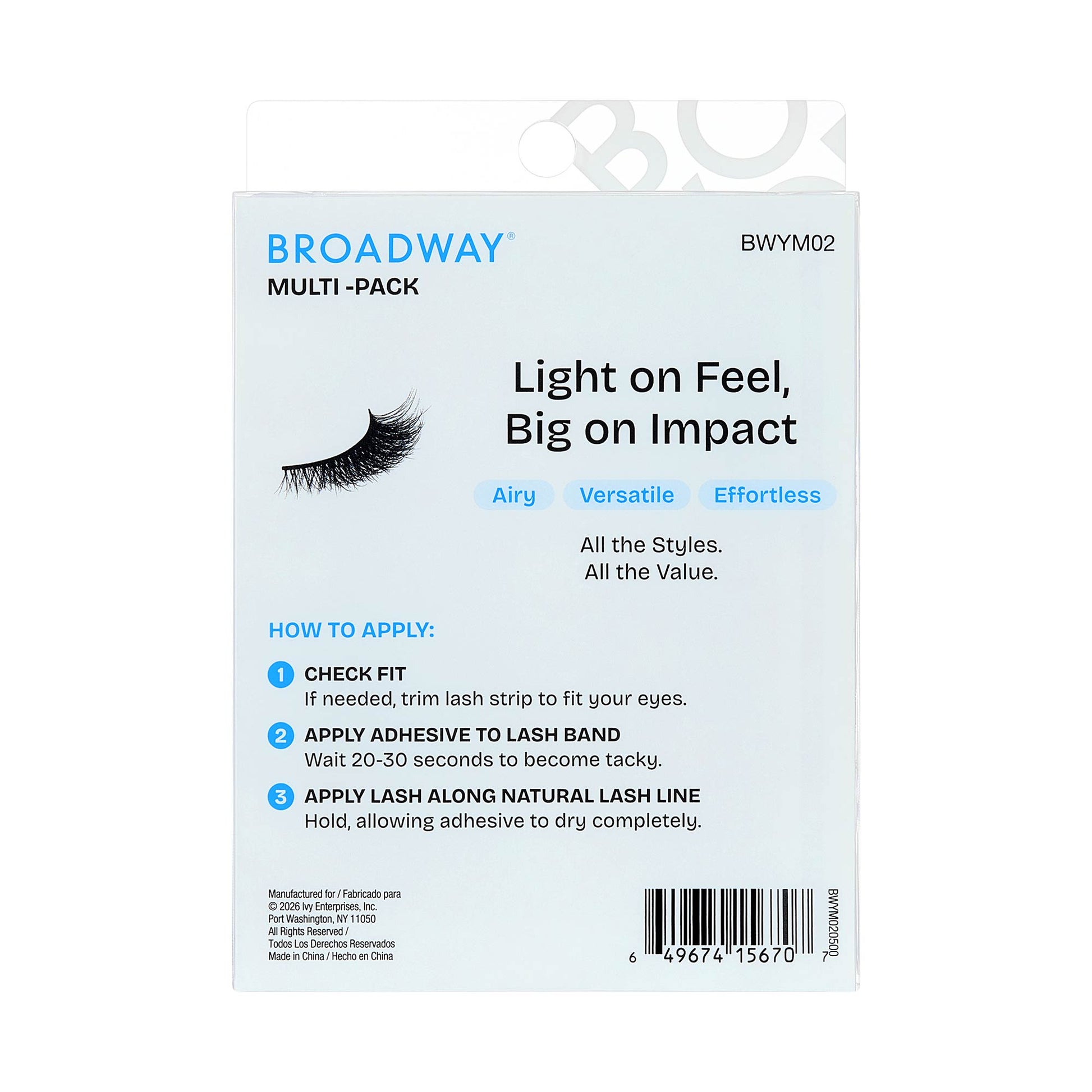 BWYM02_extra_0010 "Broadway False Lashes Multipack - Faux Mink Wispy Volume Strip Eyelashes, package back."
