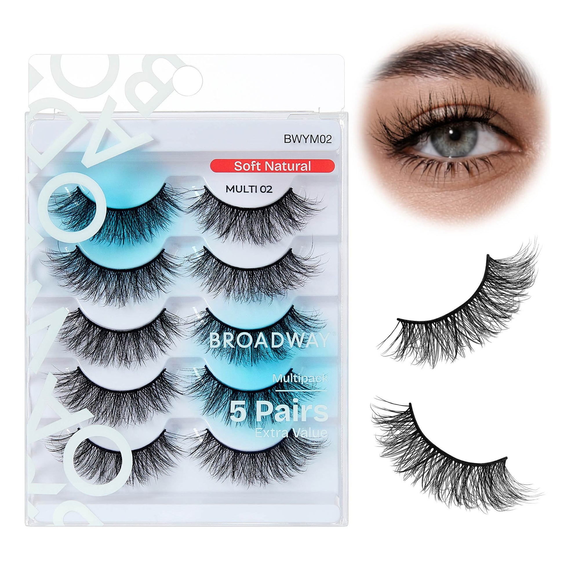 BWYM02_main "Broadway False Lashes Multipack - Faux Mink Wispy Volume Strip Eyelashes in Soft Natural / #02, main product view."