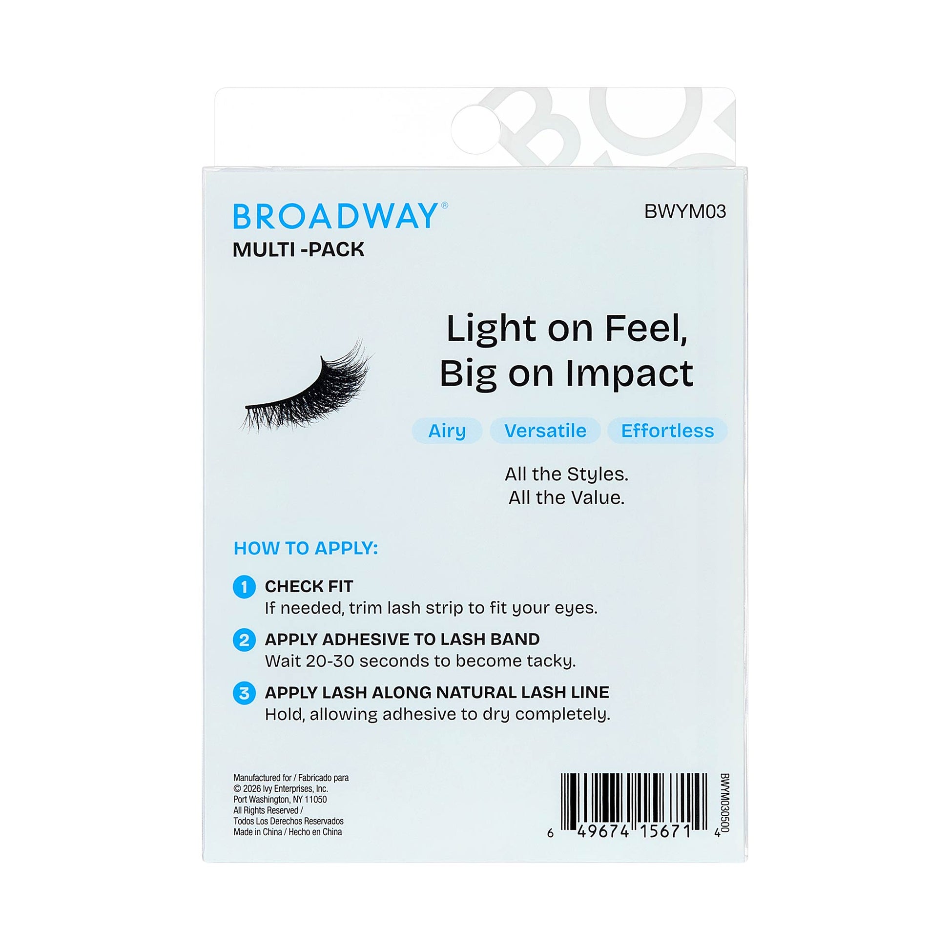 BWYM03_extra_0010 "Broadway False Lashes Multipack - Faux Mink Wispy Volume Strip Eyelashes, package back."