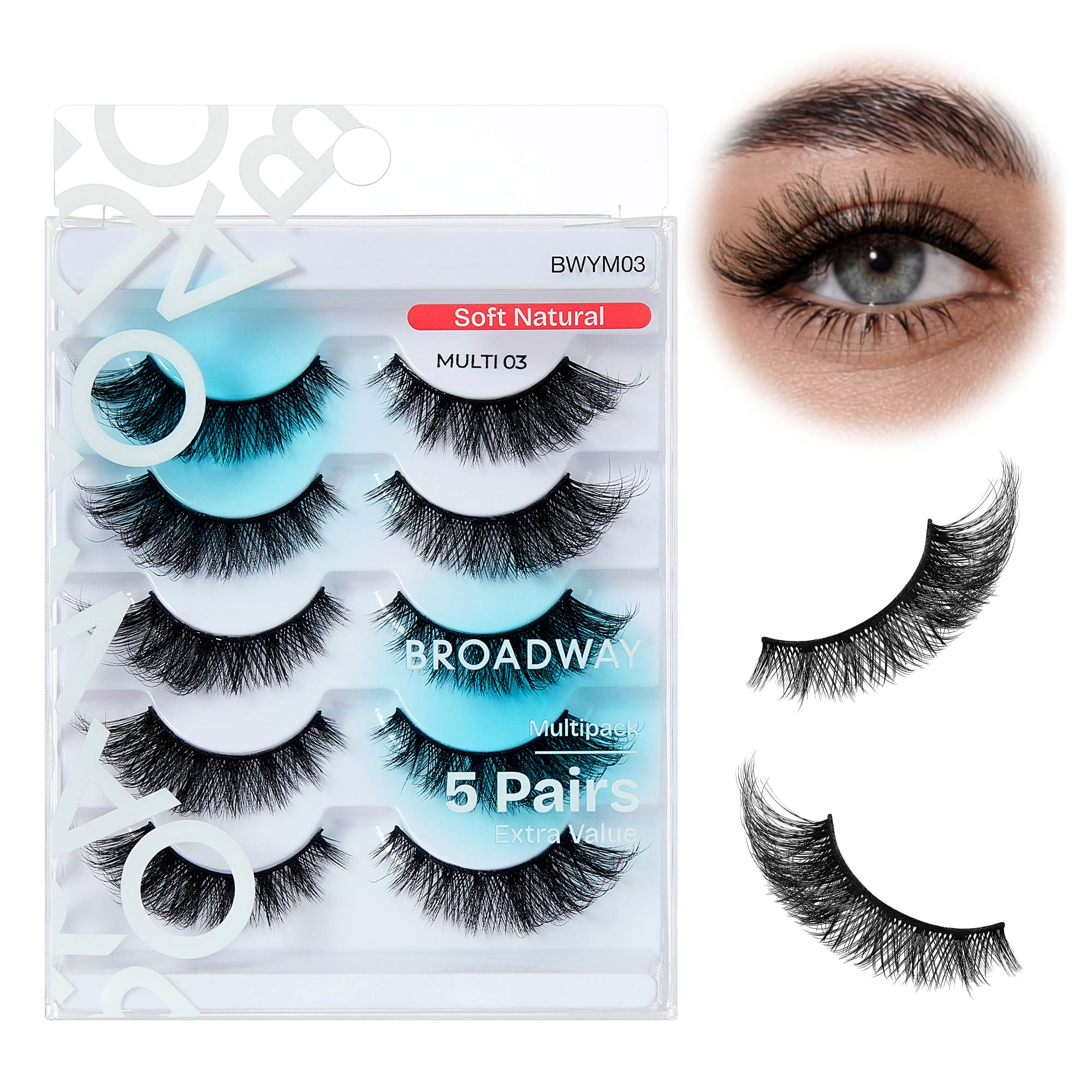 BWYM03_main "Broadway False Lashes Multipack - Faux Mink Wispy Volume Strip Eyelashes in Soft Natural / #03, main product view."