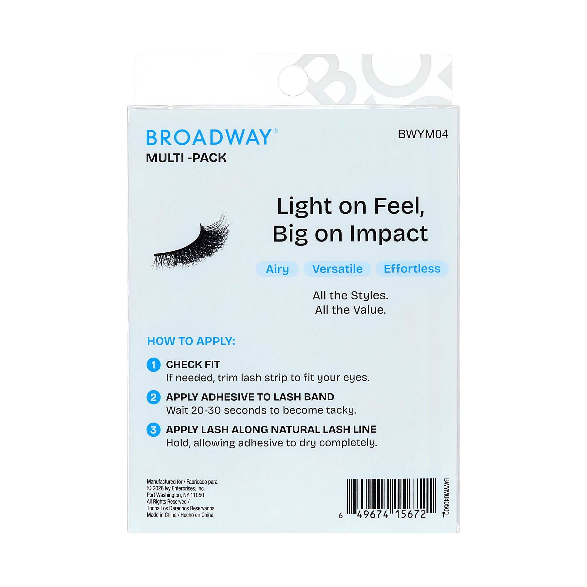 BWYM04_extra_0010 "Broadway False Lashes Multipack - Faux Mink Wispy Volume Strip Eyelashes, package back."