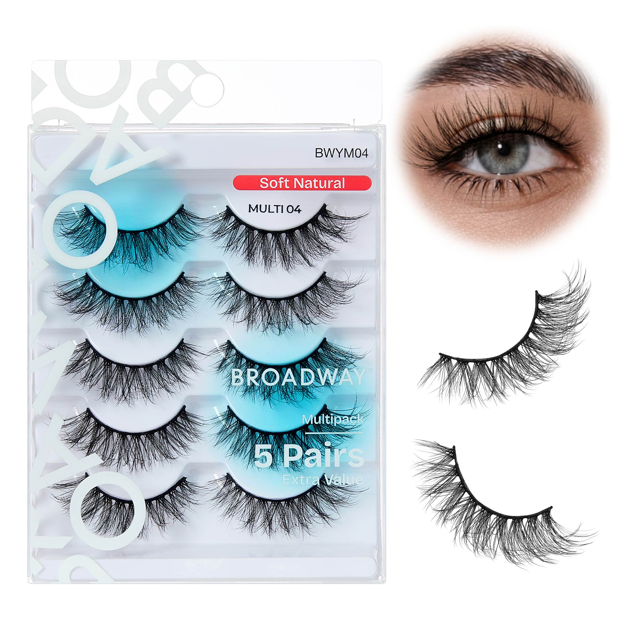 BWYM04_main "Broadway False Lashes Multipack - Faux Mink Wispy Volume Strip Eyelashes in Soft Natural / #04, main product view."