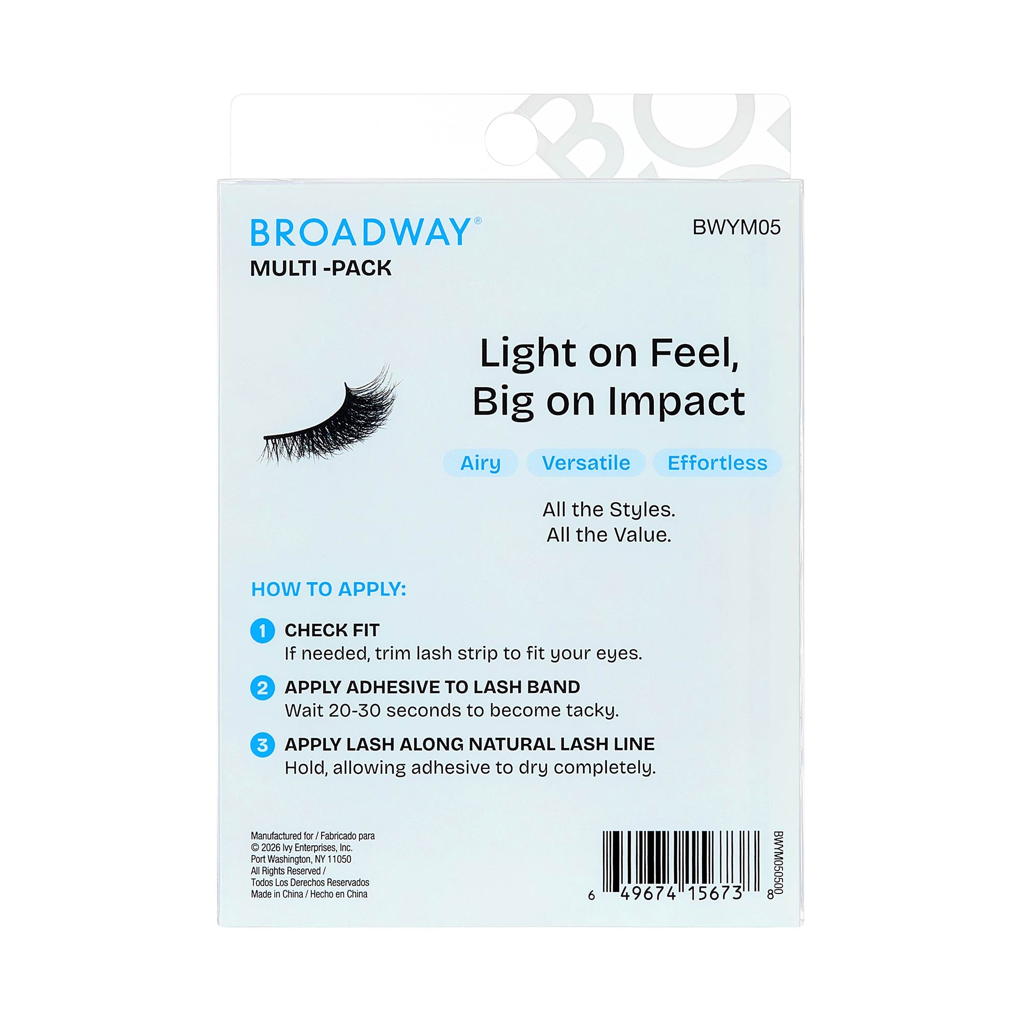 BWYM05_extra_0010 "Broadway False Lashes Multipack - Faux Mink Wispy Volume Strip Eyelashes, package back."