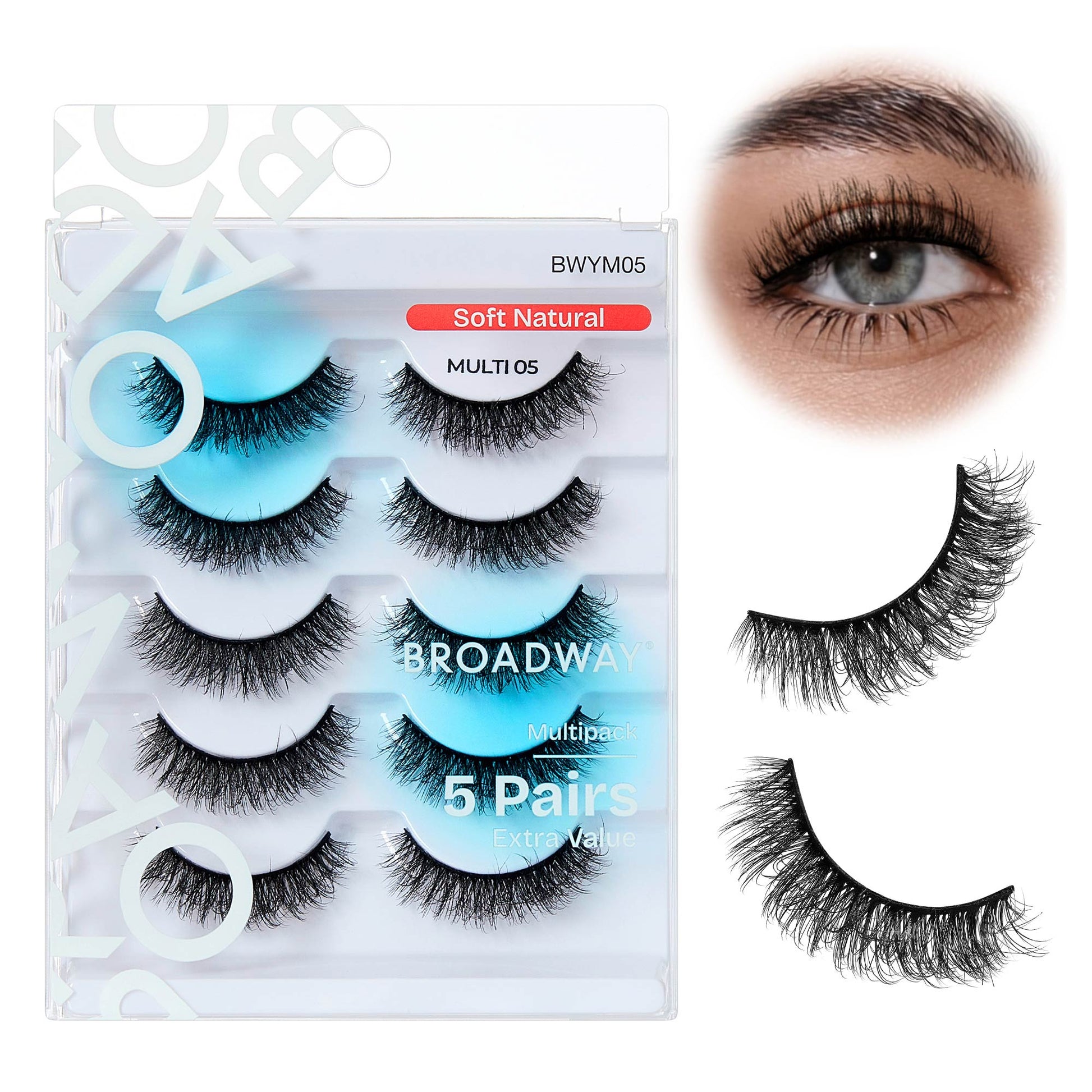 BWYM05_main "Broadway False Lashes Multipack - Faux Mink Wispy Volume Strip Eyelashes in Soft Natural / #05, main product view."