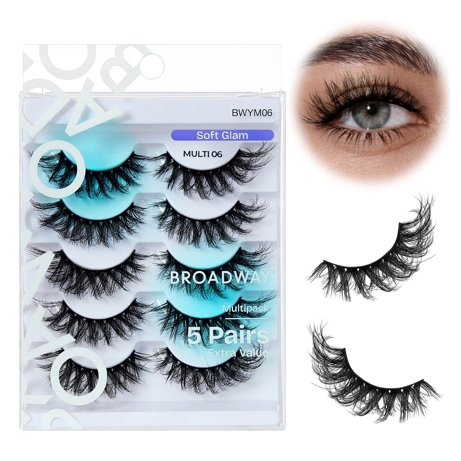 BWYM06_main "Broadway False Lashes Multipack - Faux Mink Wispy Volume Strip Eyelashes in Soft Glam / #06, main product view."