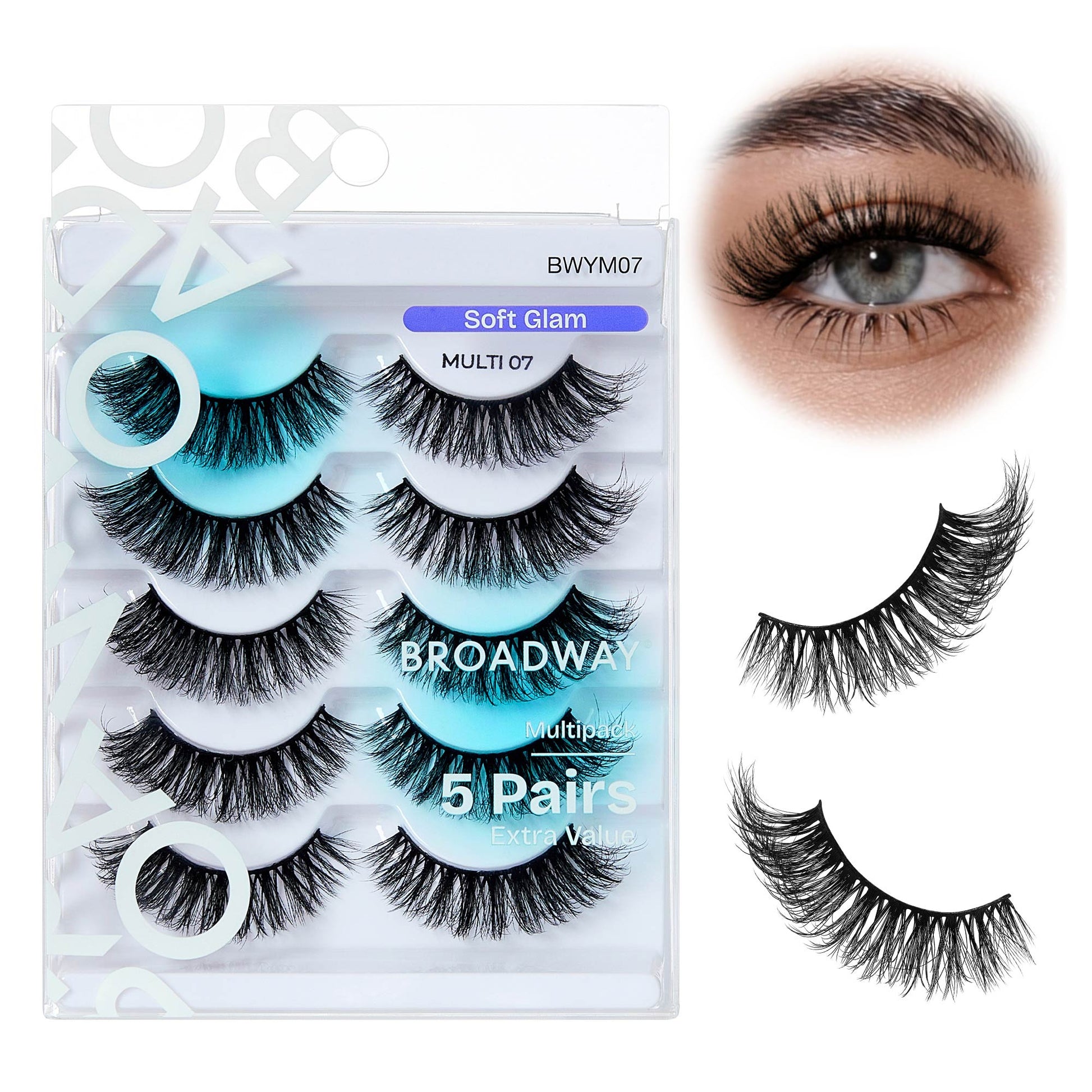BWYM07_main "Broadway False Lashes Multipack - Faux Mink Wispy Volume Strip Eyelashes in Soft Glam / #07, main product view."