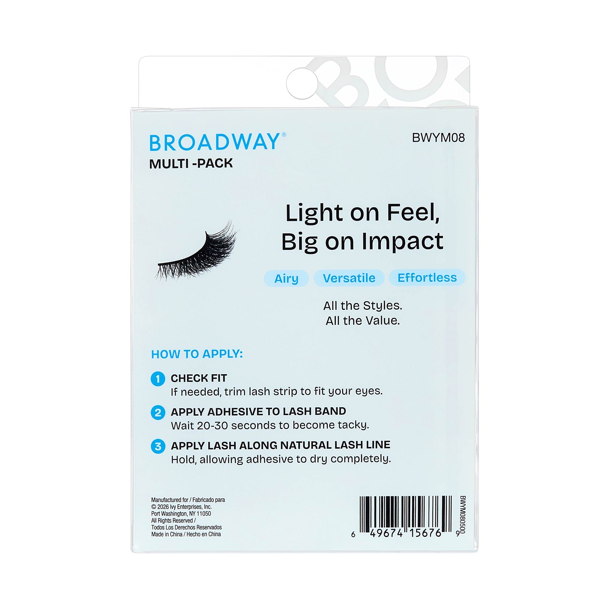 BWYM08_extra_0010 "Broadway False Lashes Multipack - Faux Mink Wispy Volume Strip Eyelashes, package back."