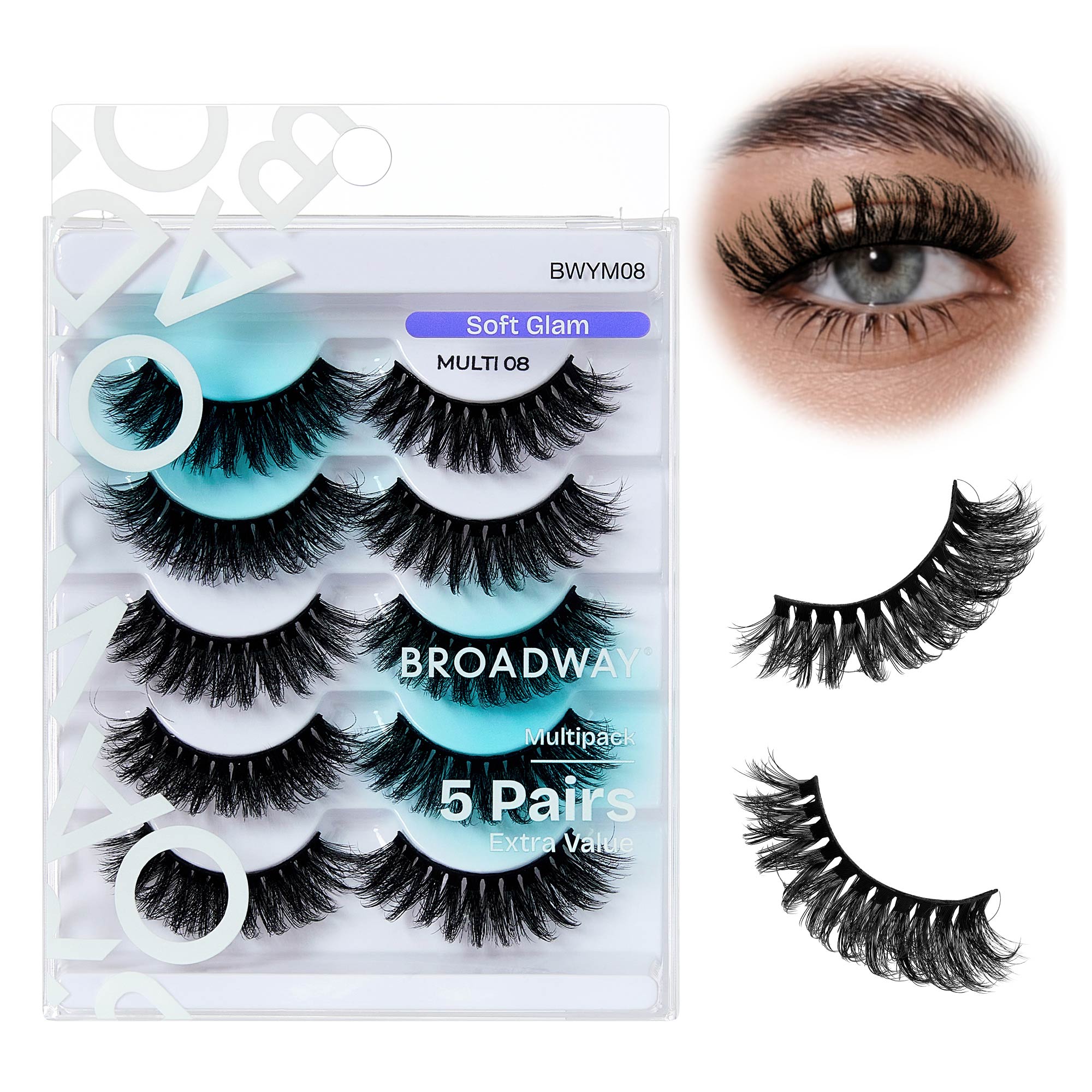 BWYM08_main "Broadway False Lashes Multipack - Faux Mink Wispy Volume Strip Eyelashes in Soft Glam / #08, main product view."