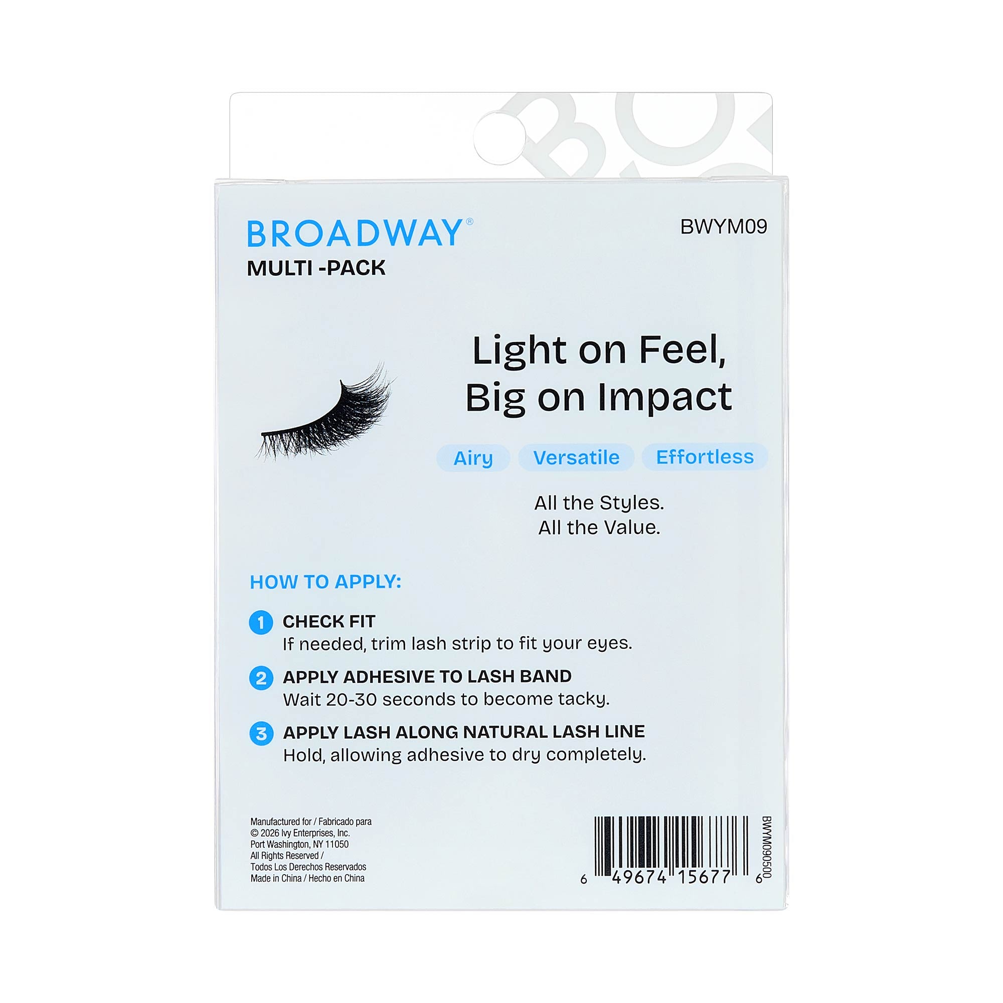 BWYM09_extra_0010 "Broadway False Lashes Multipack - Faux Mink Wispy Volume Strip Eyelashes, package back."